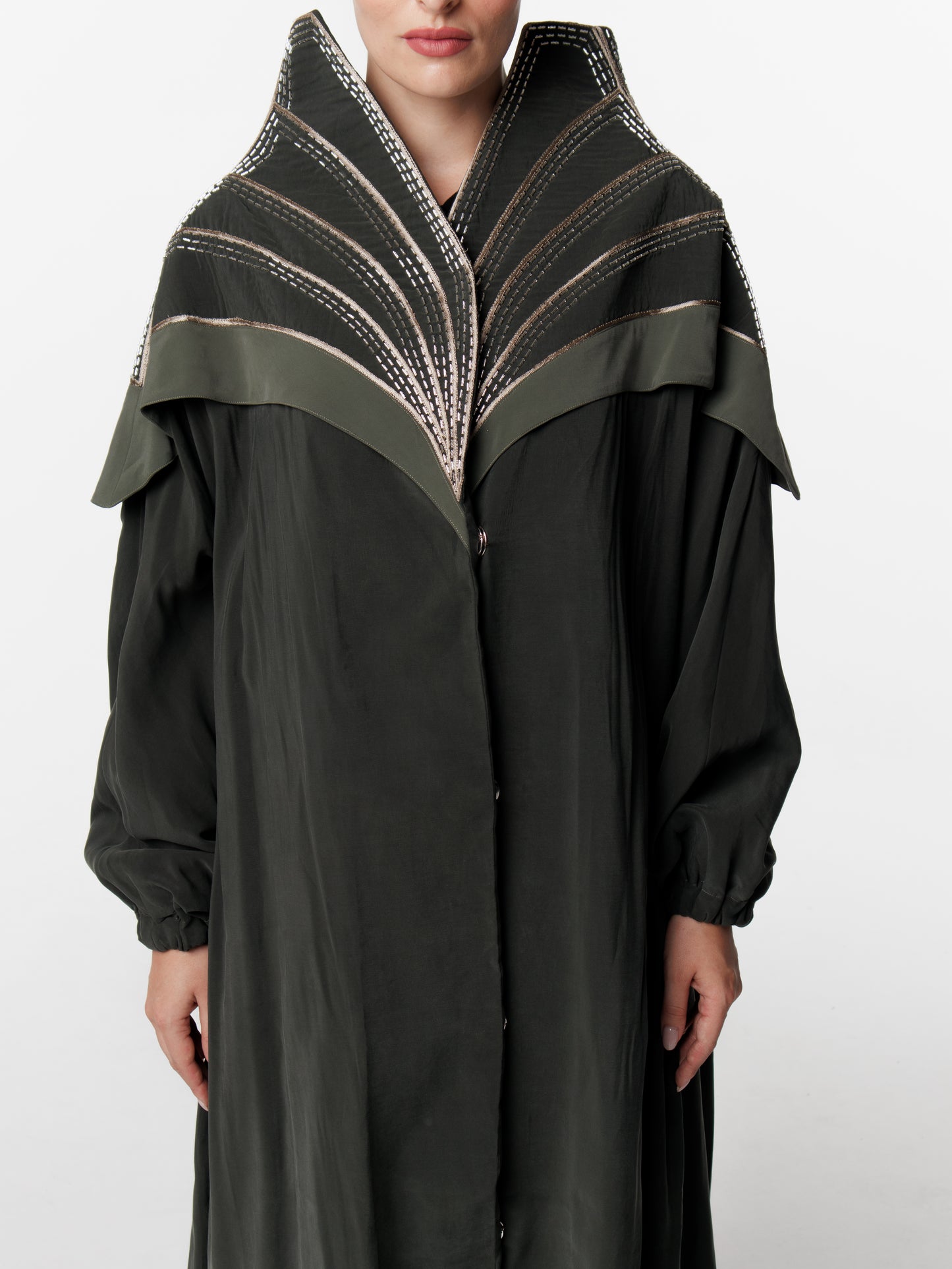 High Neck Hand Embroidered Nylon Trenchcoat