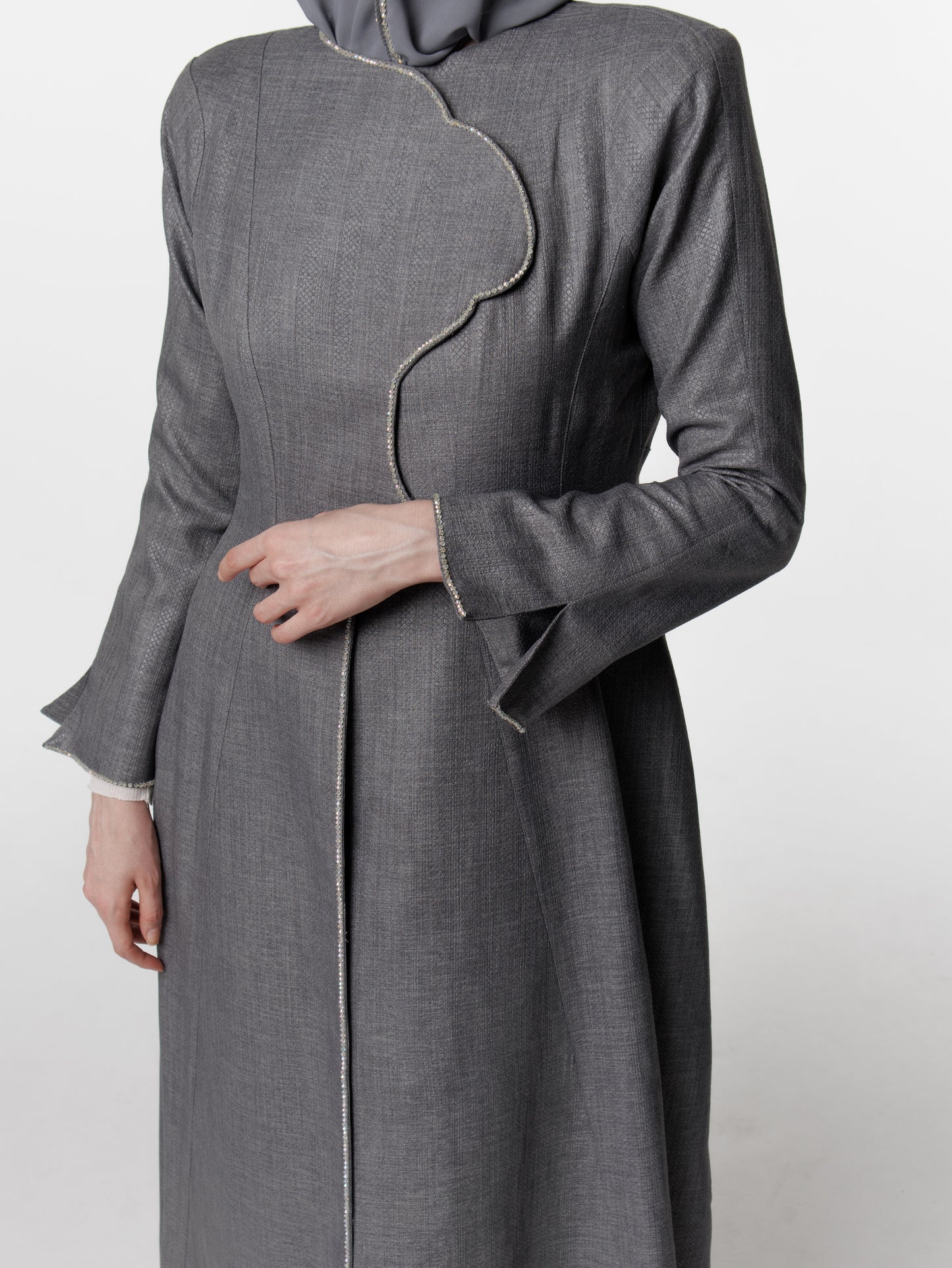 Tailored Textured Long Snap Front Abaya Dress