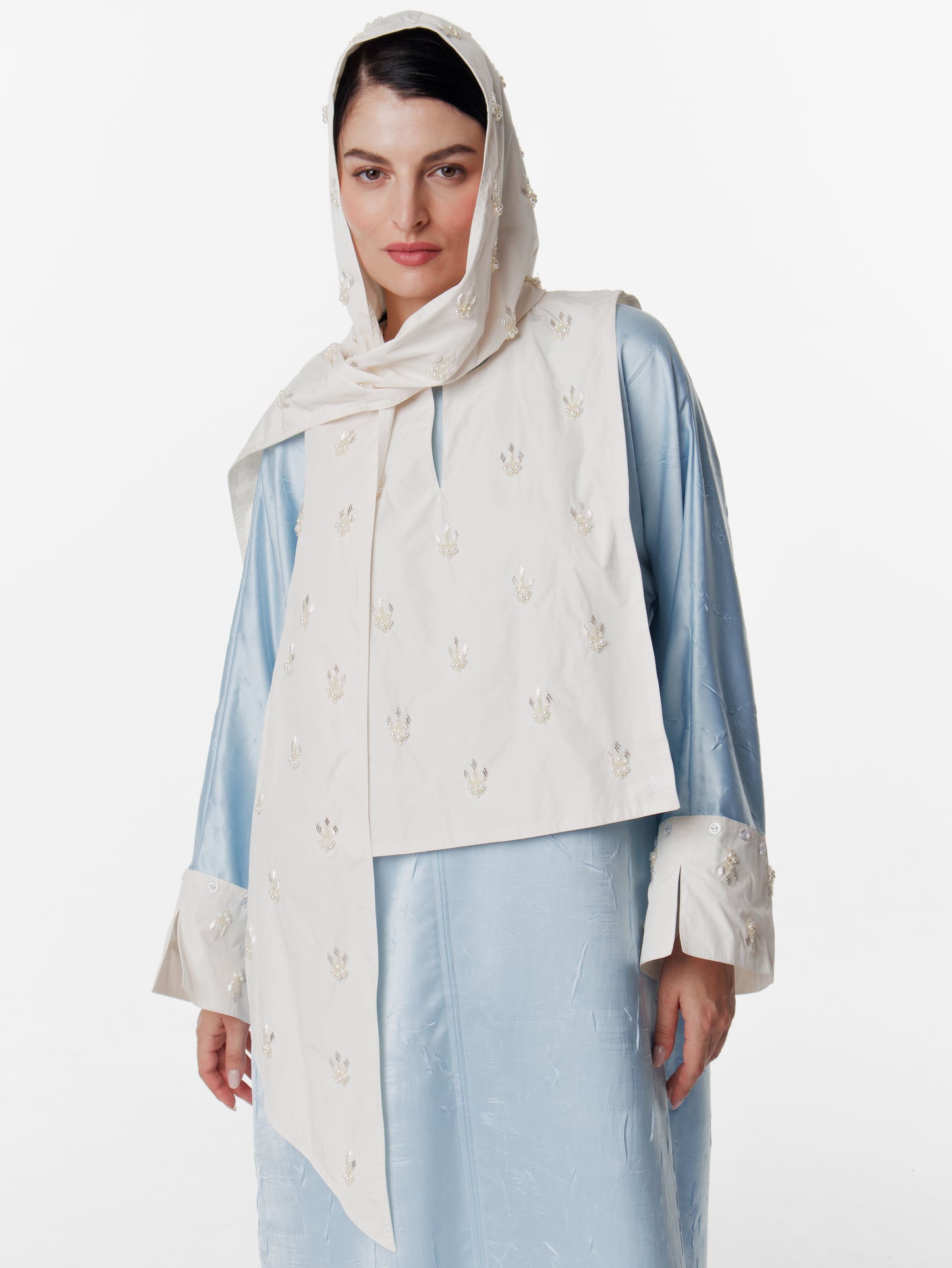 Long Satin Convertible Hand Embroidered Cuff Hijab Dress