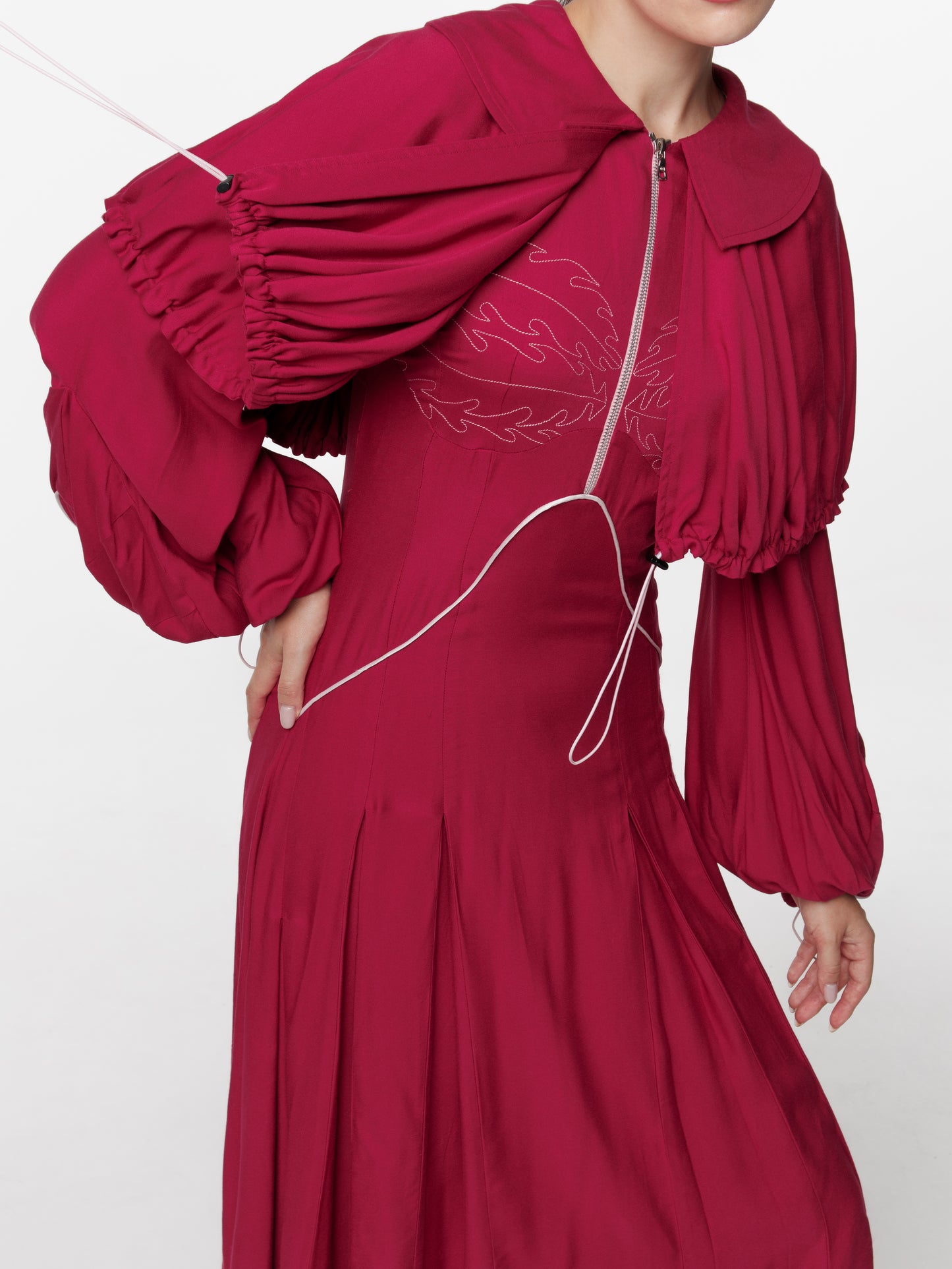 Pleated Fire Top Stitched Shoulder Flared Dress