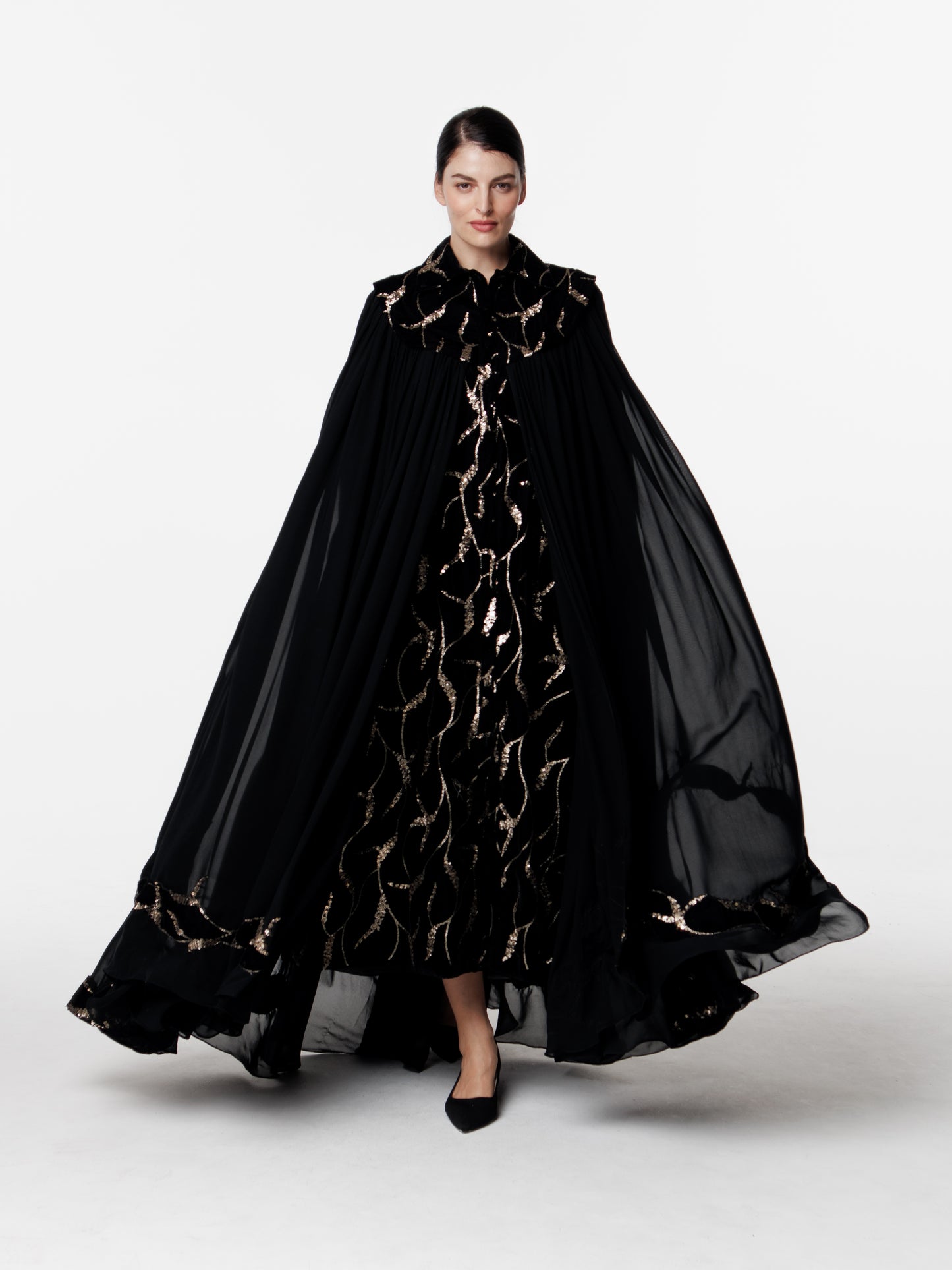 Maxi Embroidered Velvet Chiffon Cape Dress