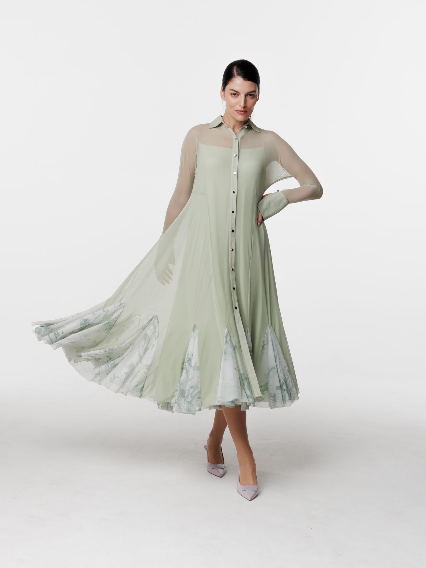 Contrast Flared Mesh Dress