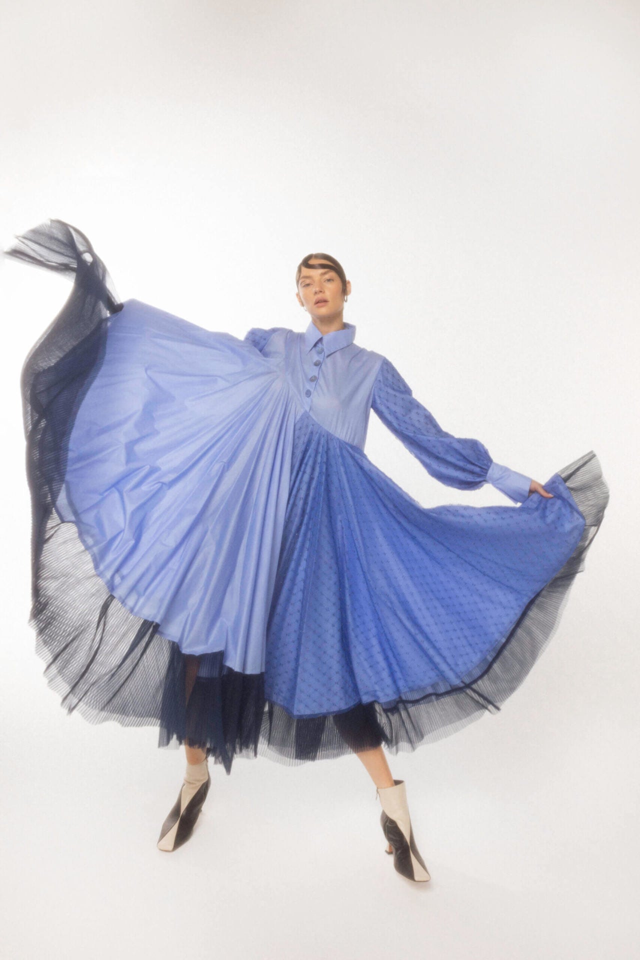 Long Asymmetric Beaded Dress, Blue/Navy