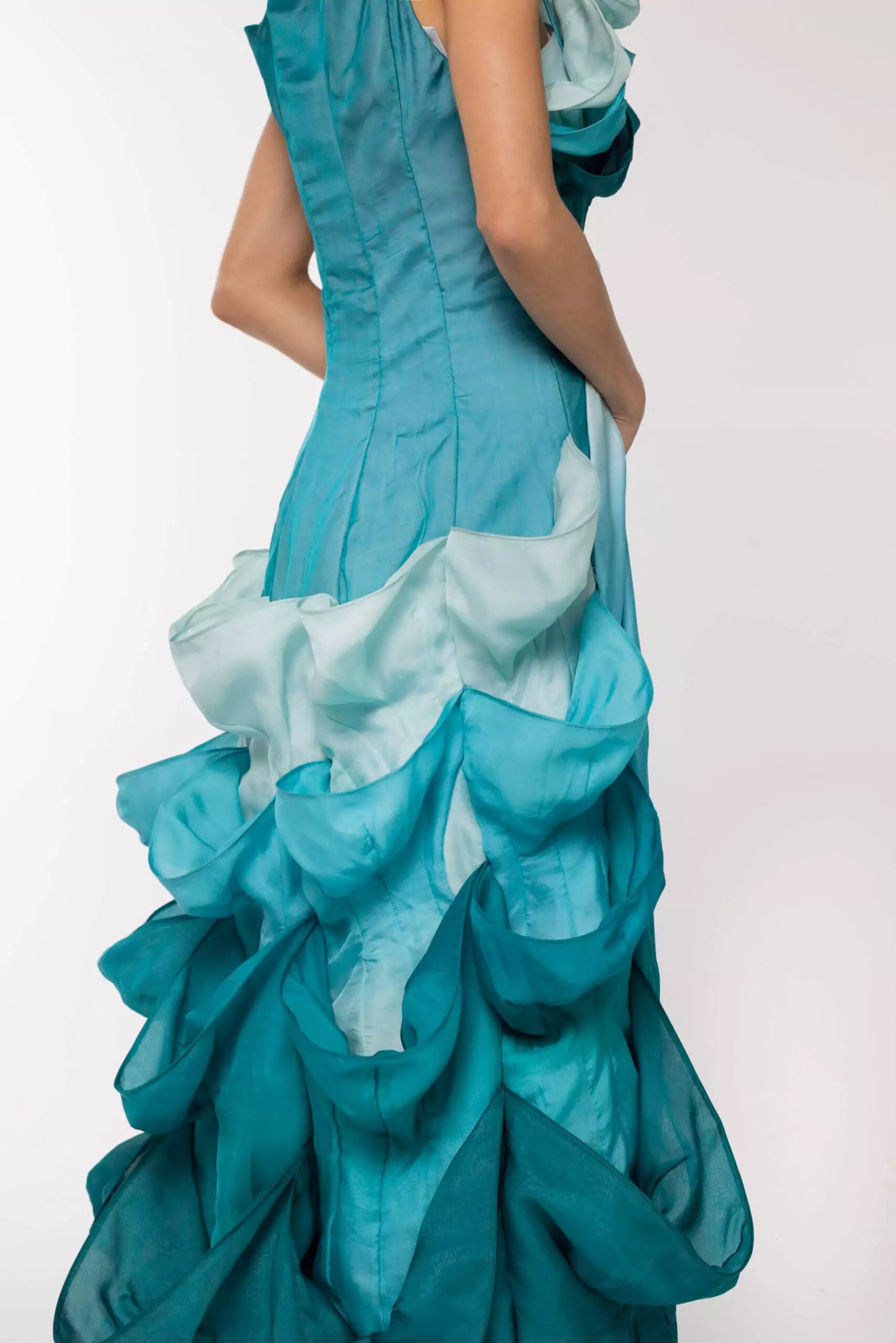 Long Rose Silk-Chiffon Dress, Blue