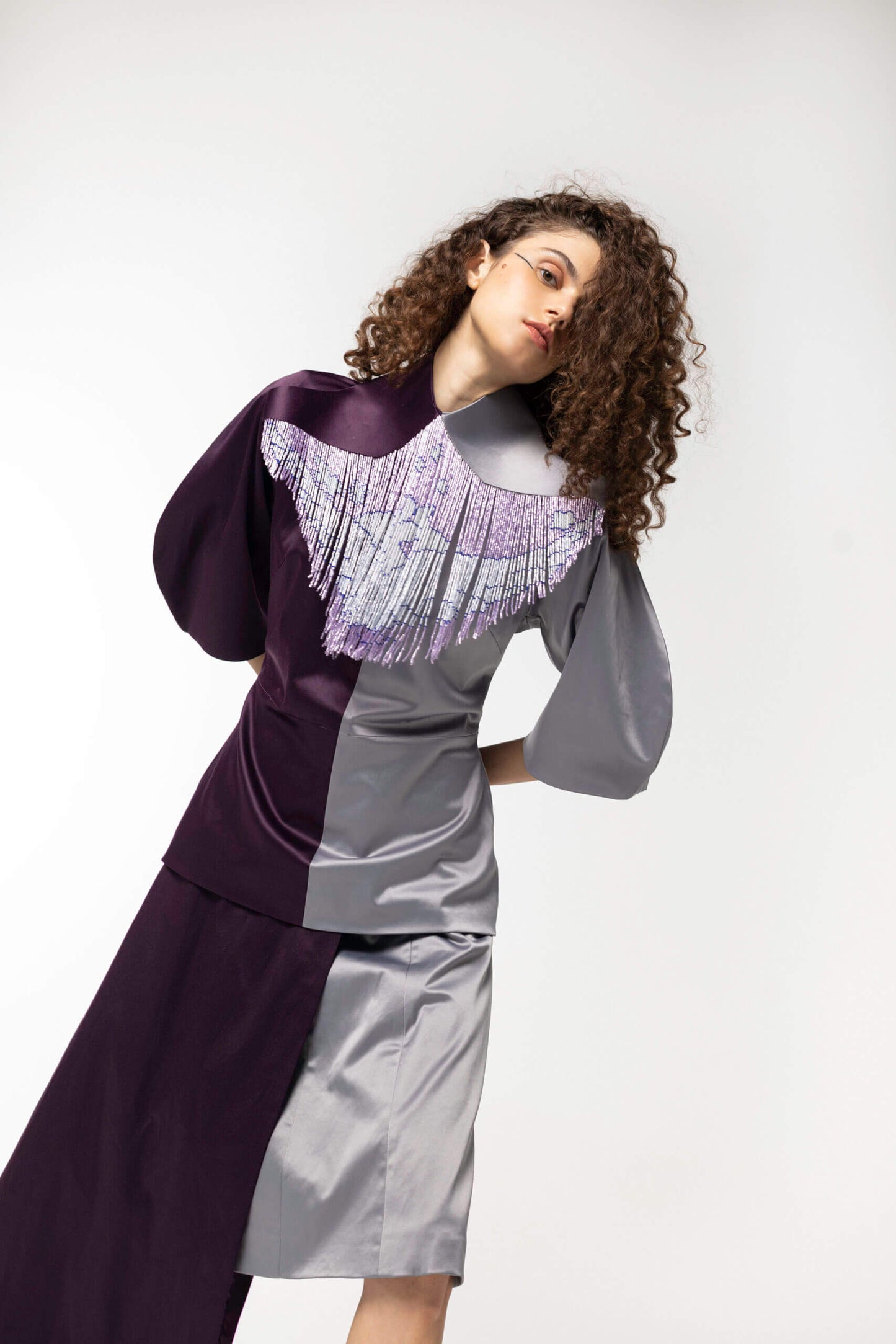 Asymmetric Contrast Cotton-Satin skirt, Light grey/Purple