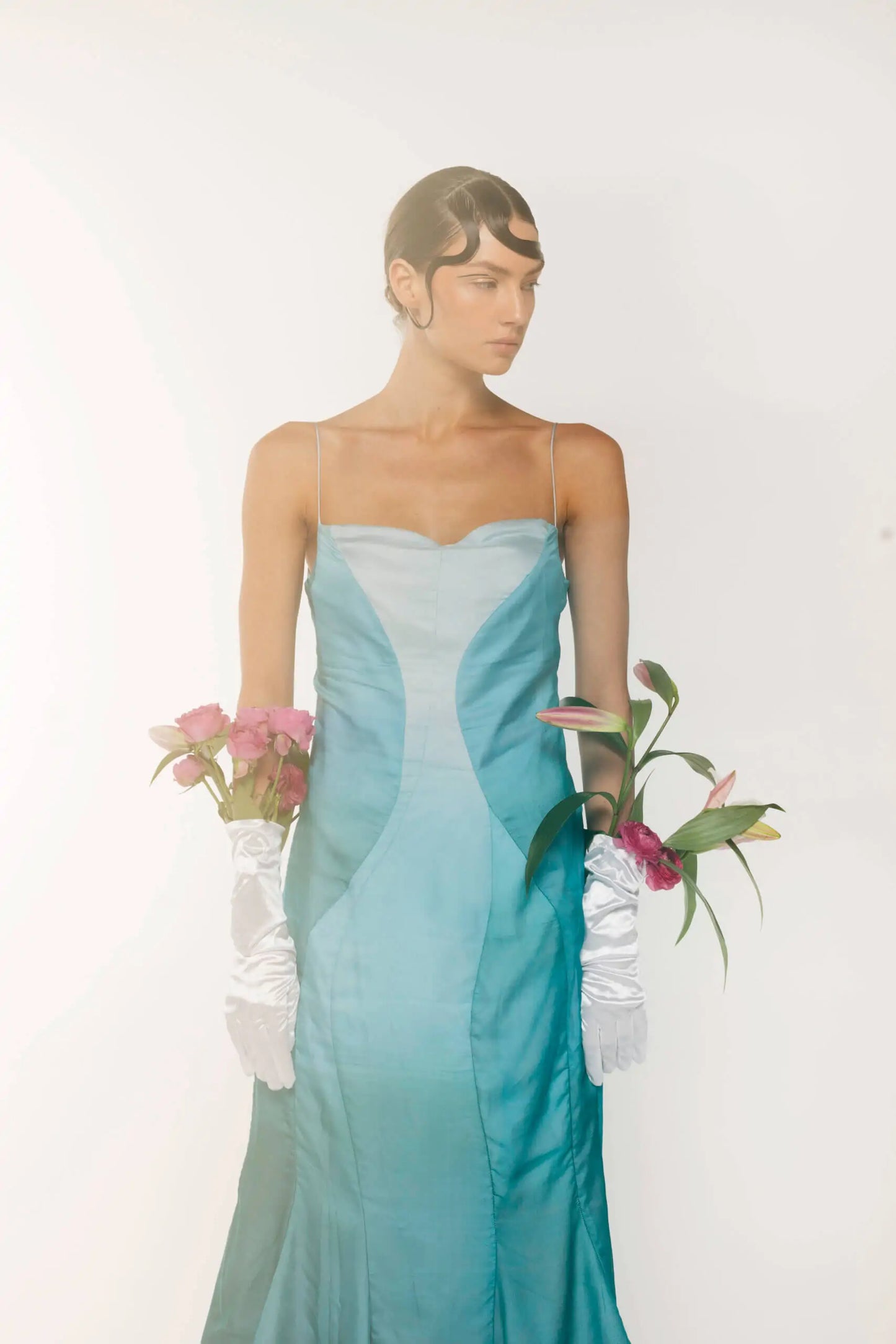 Midi Length Rose Silk-Chiffon Dress, Blue