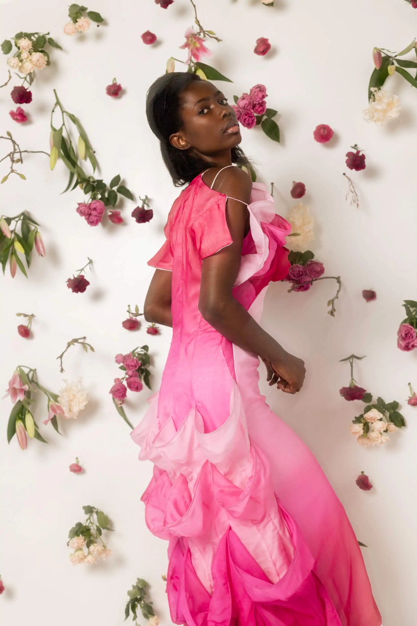 Long Rose Silk-Chiffon Dress