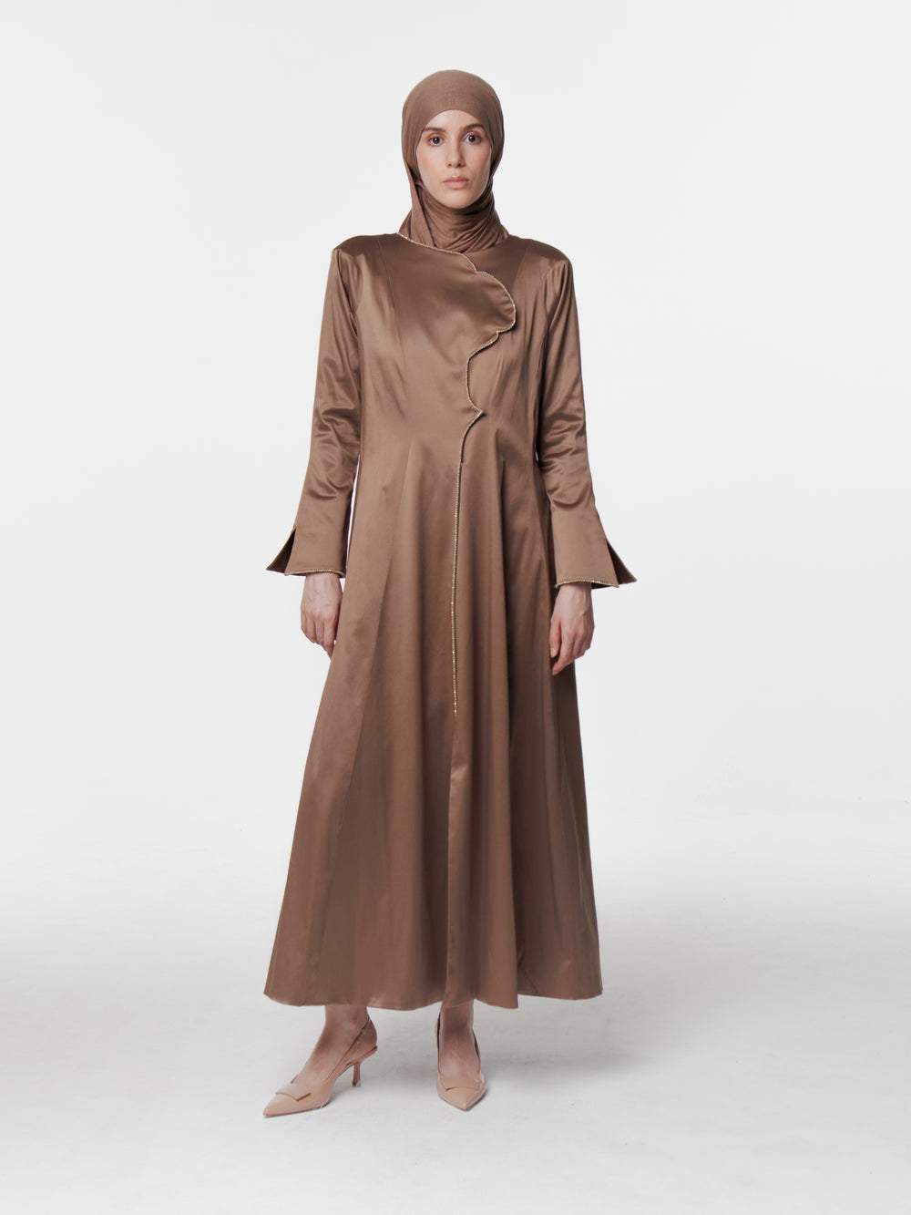 Tailored Cotton Satin Long Snap Front Abaya Dress