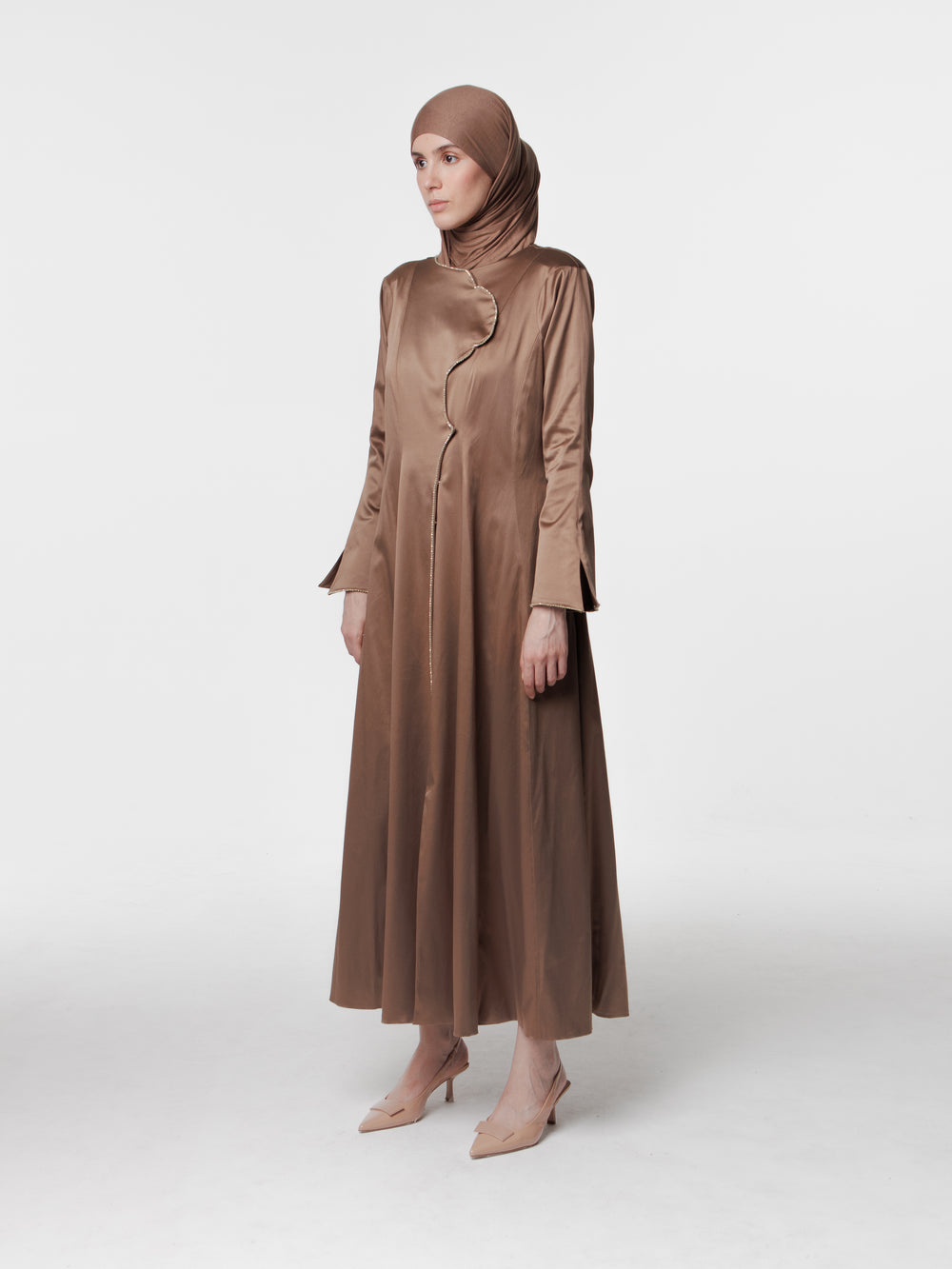 Tailored Cotton Satin Long Snap Front Abaya Dress
