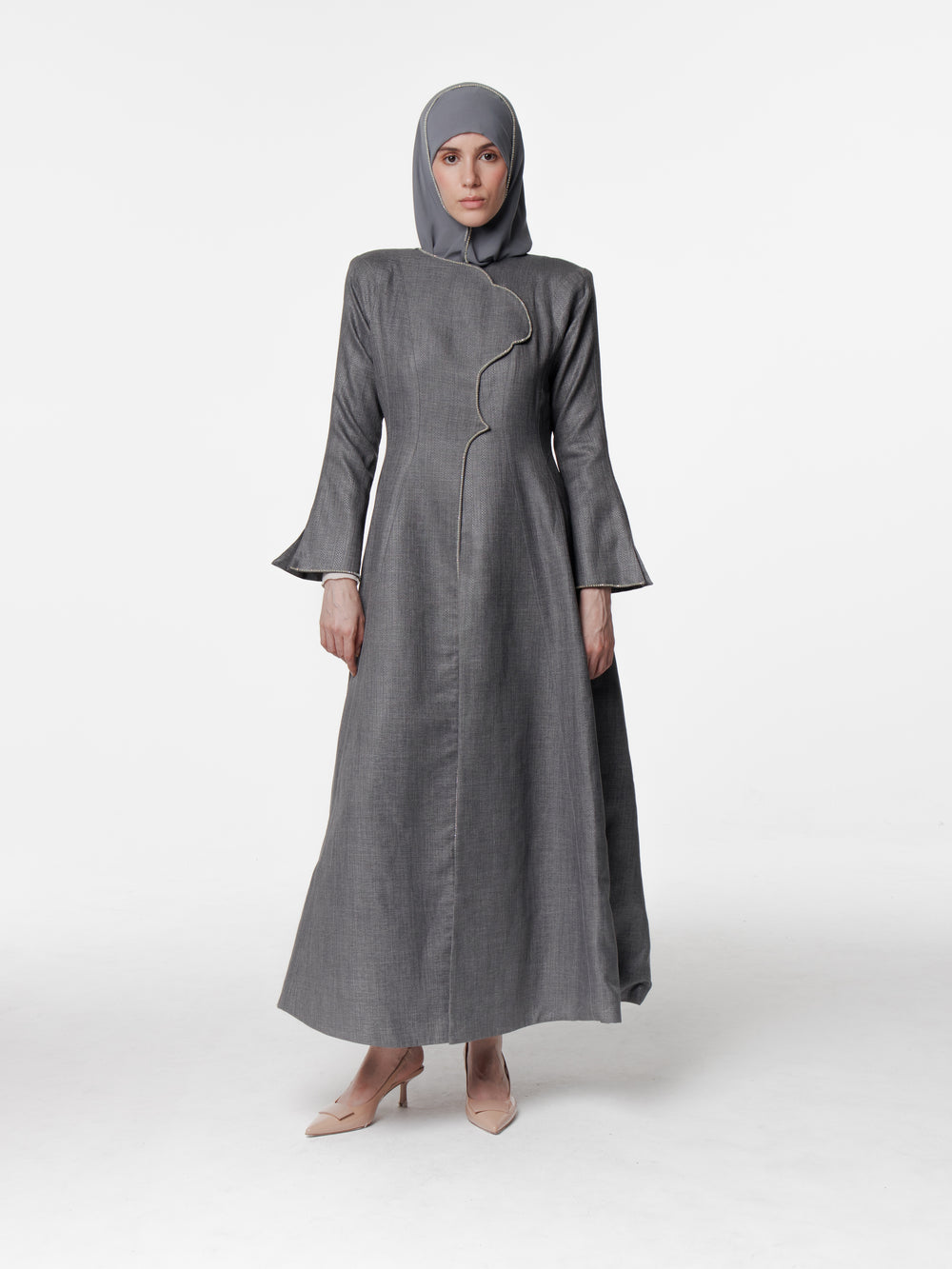 Tailored Textured Long Snap Front Abaya Dress