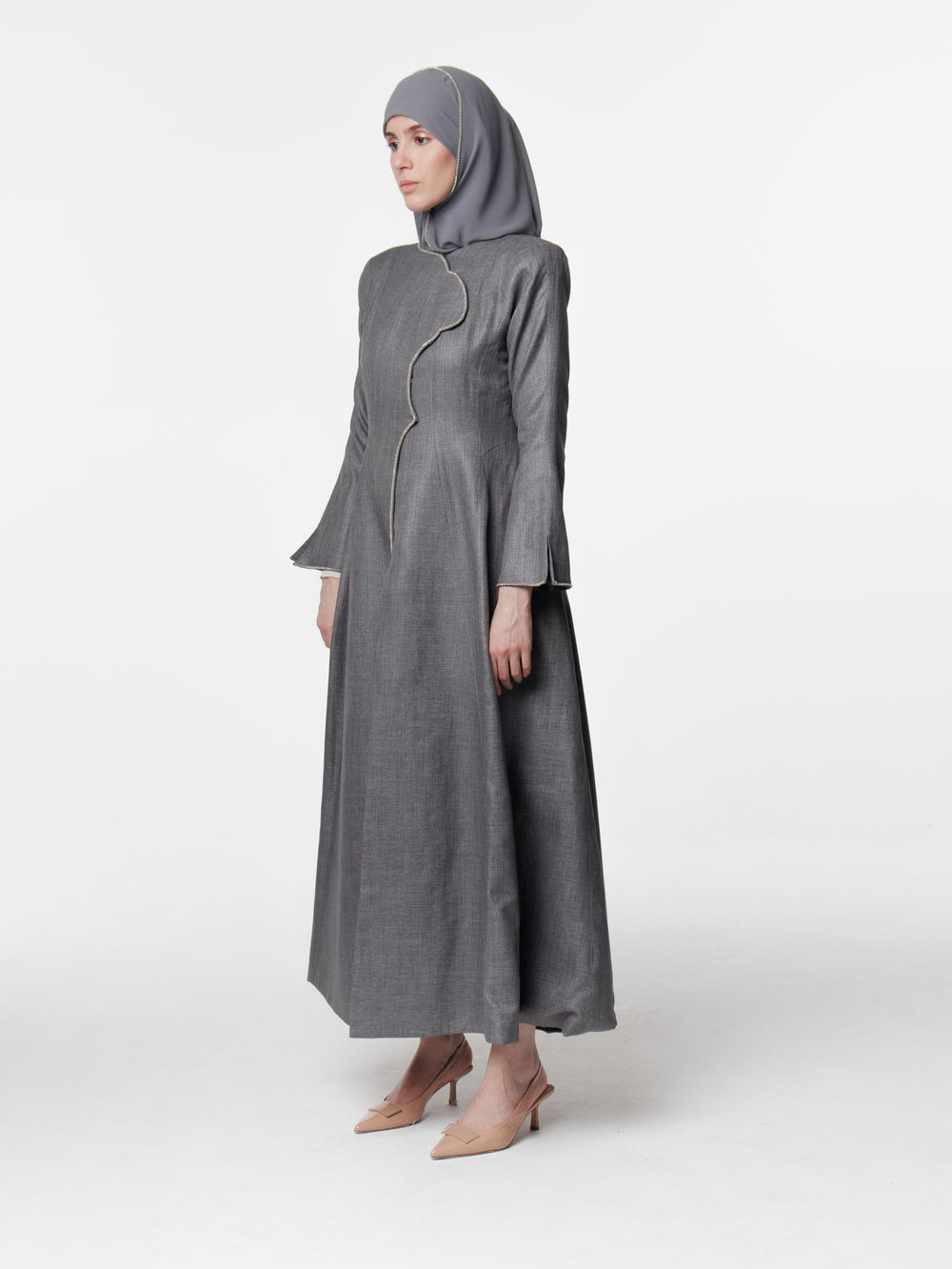 Tailored Textured Long Snap Front Abaya Dress