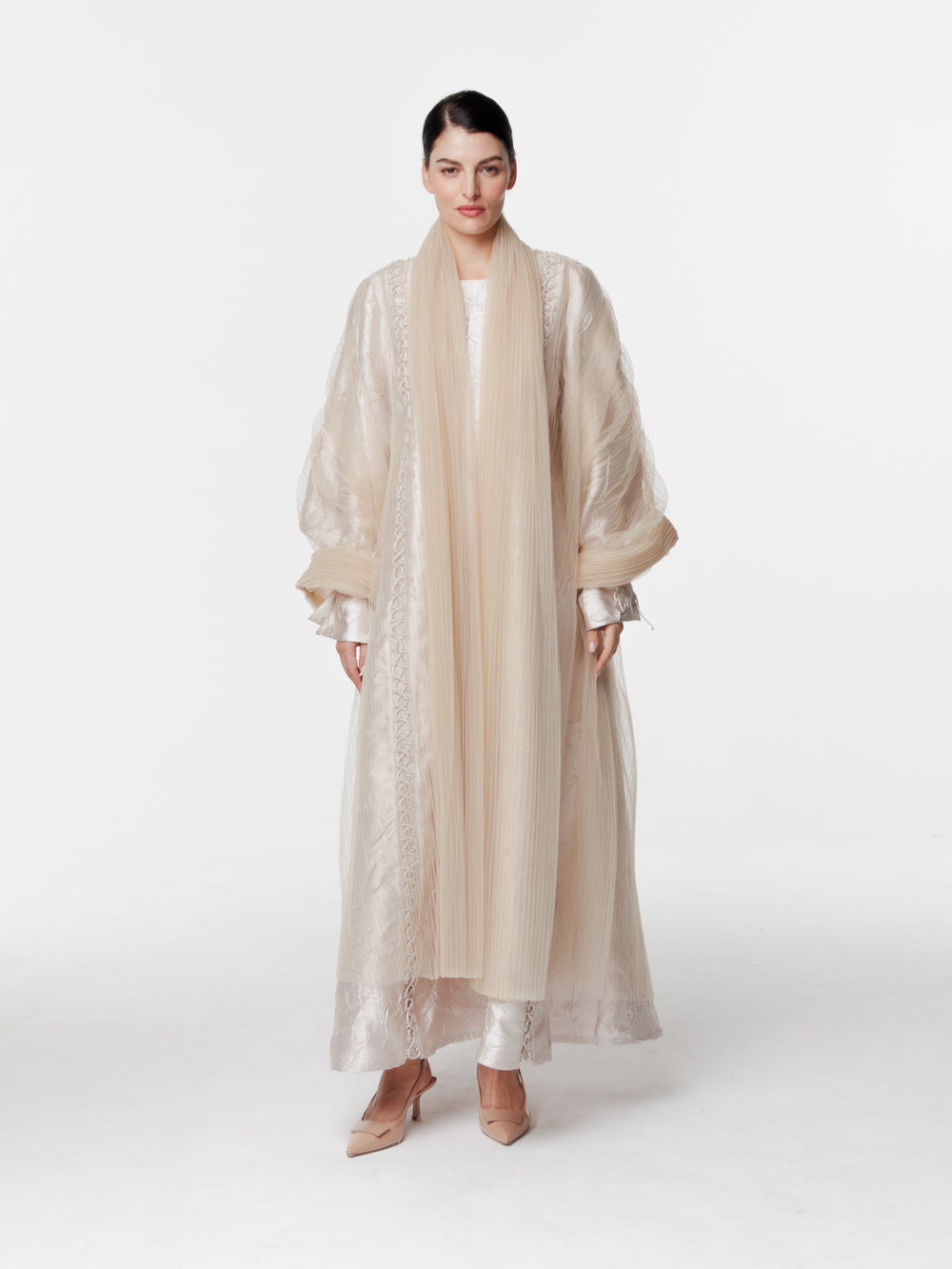 Long Pleated Mesh Abaya in Beige  (38)