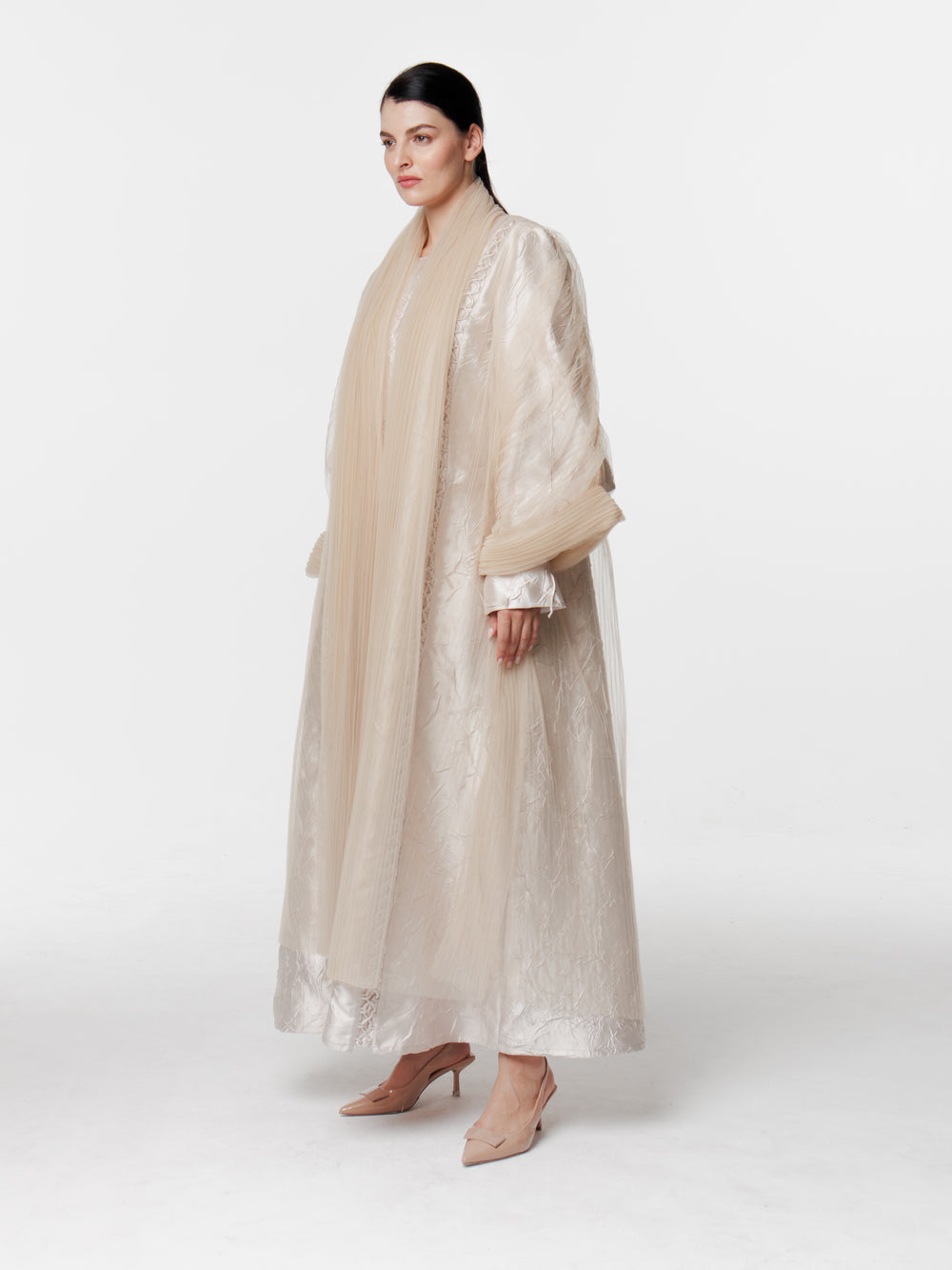 Long Pleated Mesh Abaya in Beige  (38)