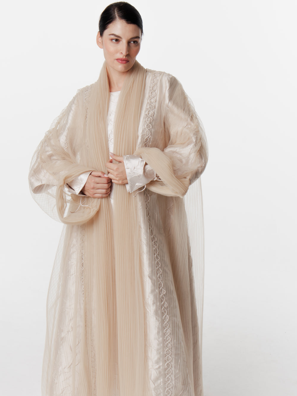 Long Pleated Mesh Abaya in Beige  (38)