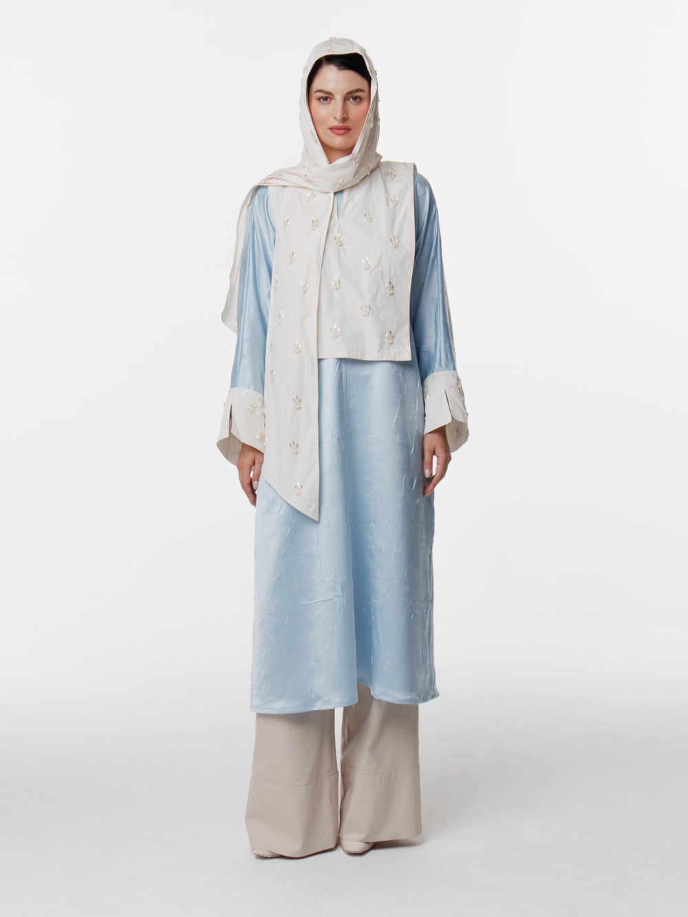 Long Satin Convertible Hand Embroidered Cuff Hijab Dress