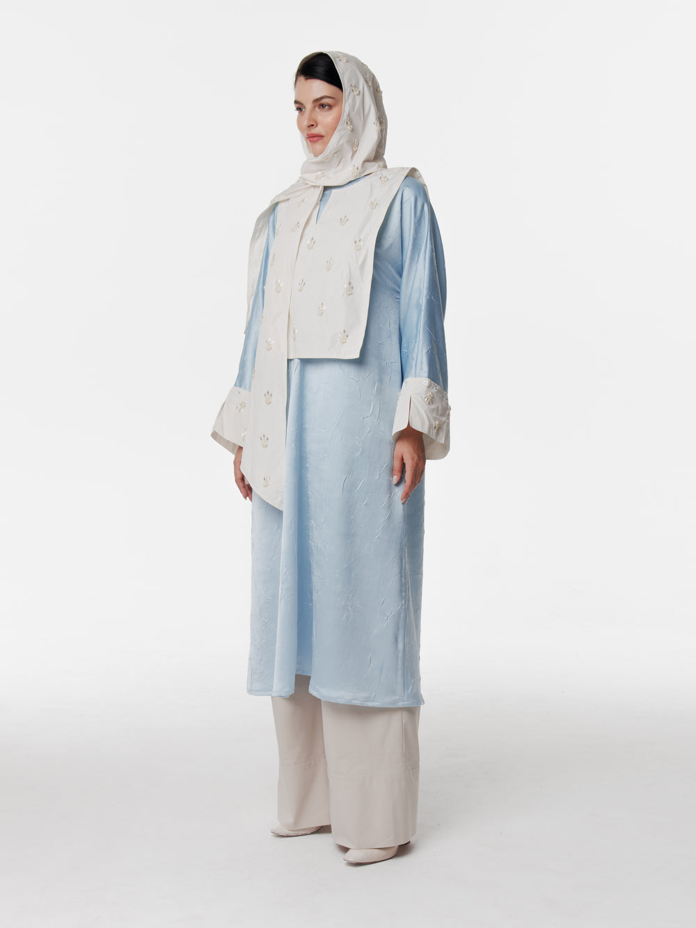 Long Satin Convertible Hand Embroidered Cuff Hijab Dress