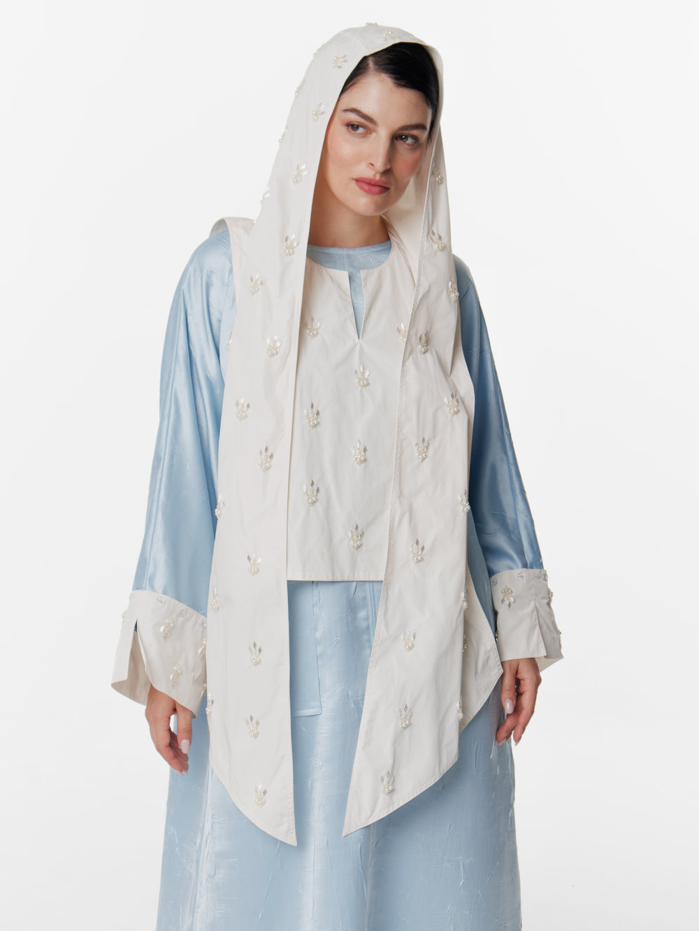 Long Satin Convertible Hand Embroidered Cuff Hijab Dress