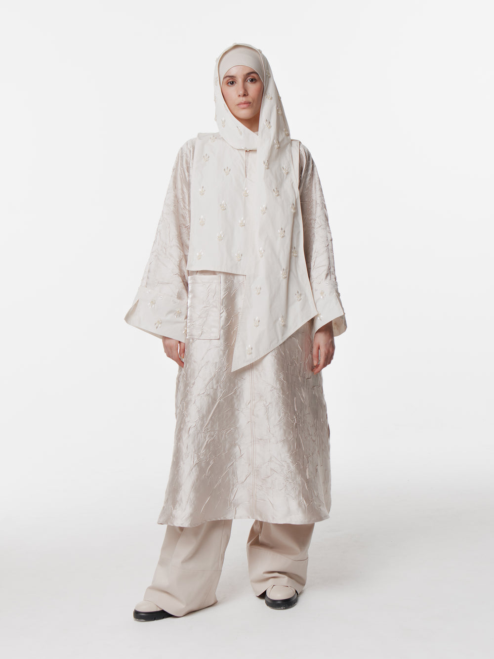 Long Satin Convertible Hand-Embroidered Cuff Hijab Dress