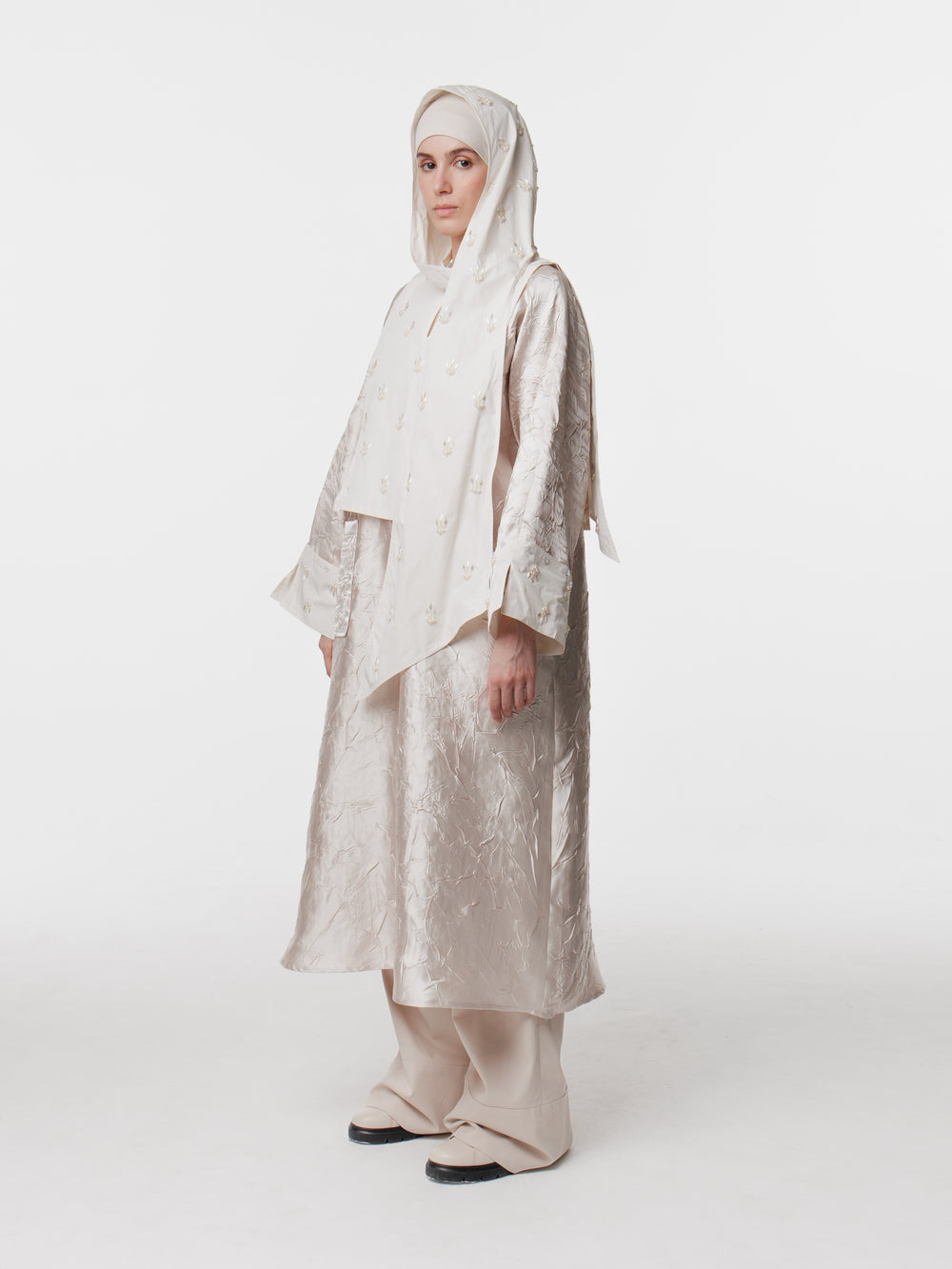 Long Satin Convertible Hand-Embroidered Cuff Hijab Dress