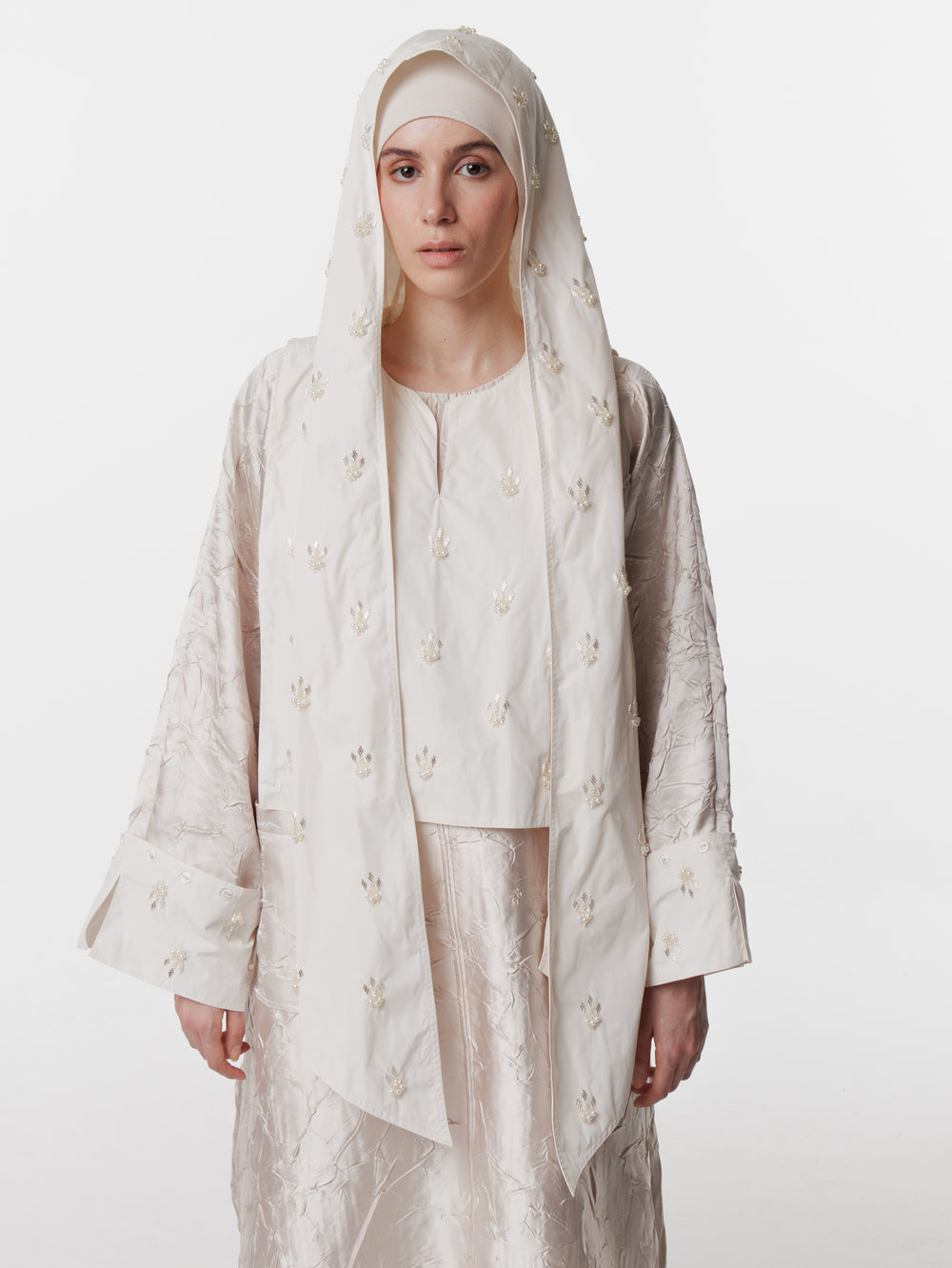 Long Satin Convertible Hand-Embroidered Cuff Hijab Dress