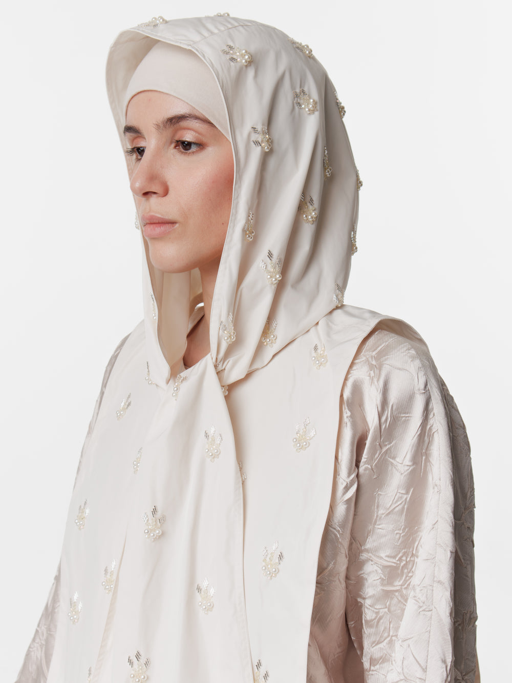 Long Satin Convertible Hand-Embroidered Cuff Hijab Dress
