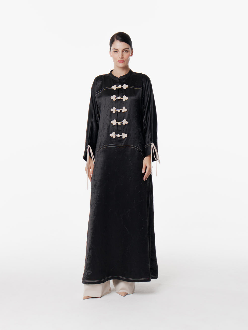 Long Satin Japanese Button Front Dress