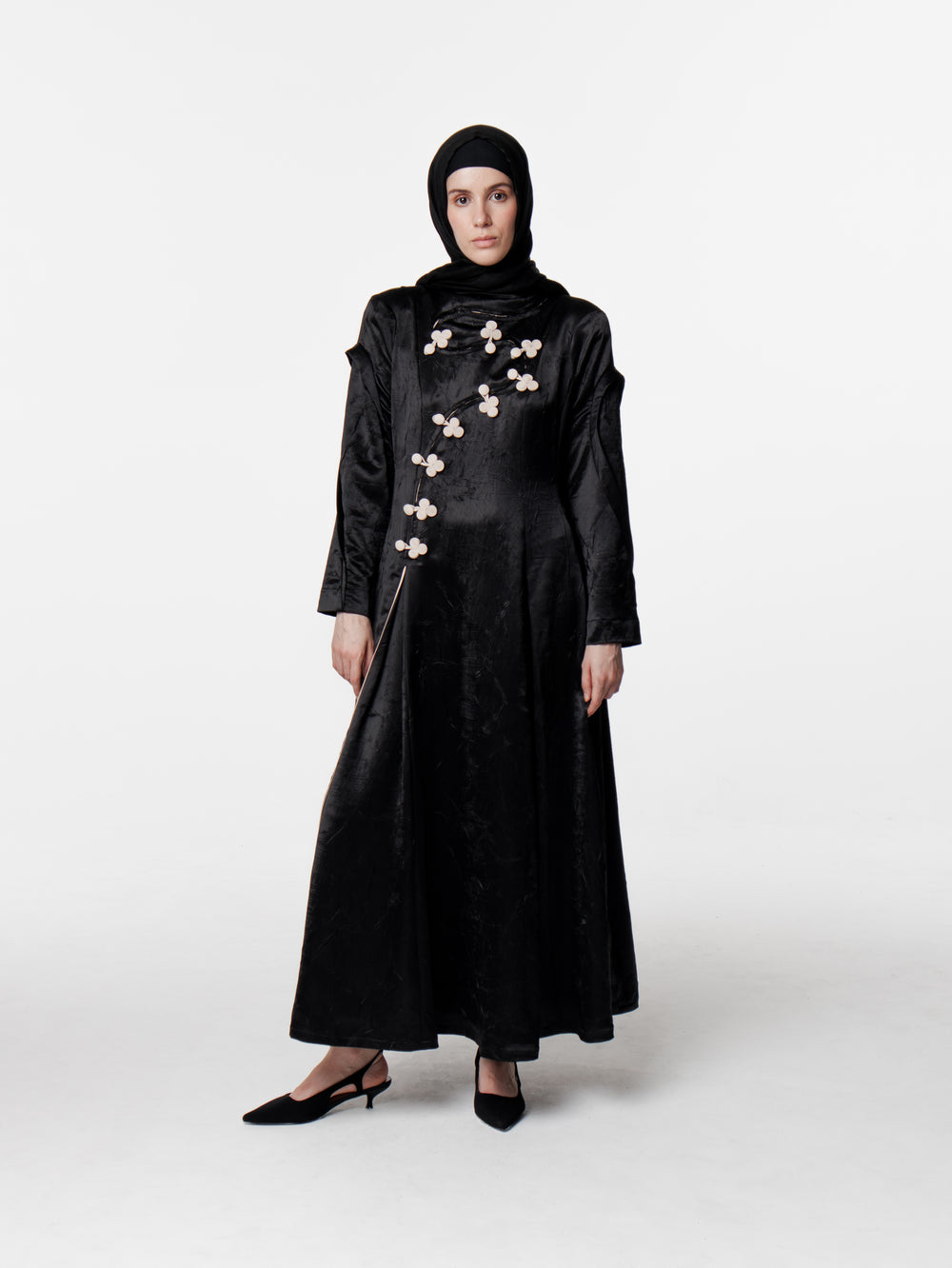 Modest Japanese Cut Pleated Long Satin Dress