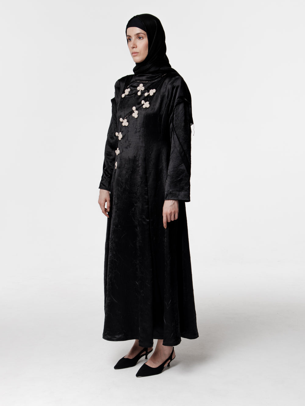 Modest Japanese Cut Pleated Long Satin Dress