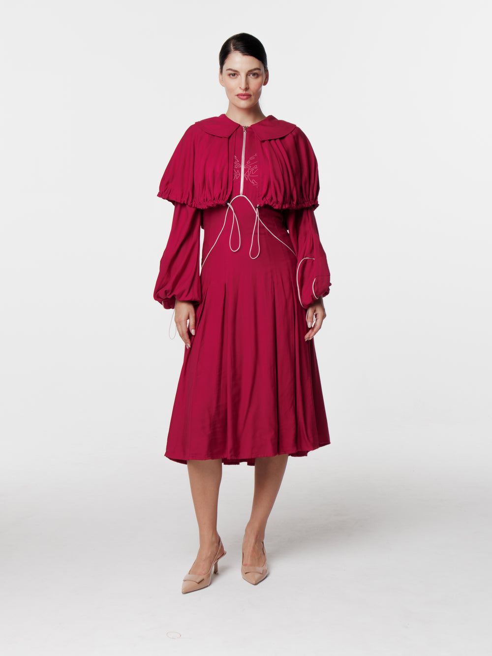 Pleated Fire Top Stitched Shoulder Flared Dress