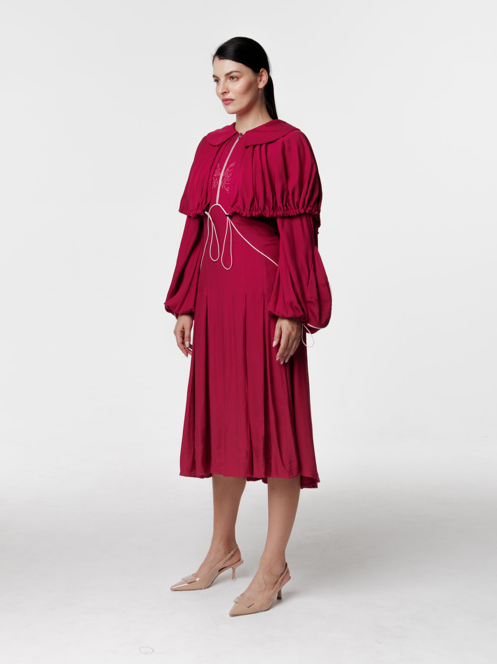 Pleated Fire Top Stitched Shoulder Flared Dress