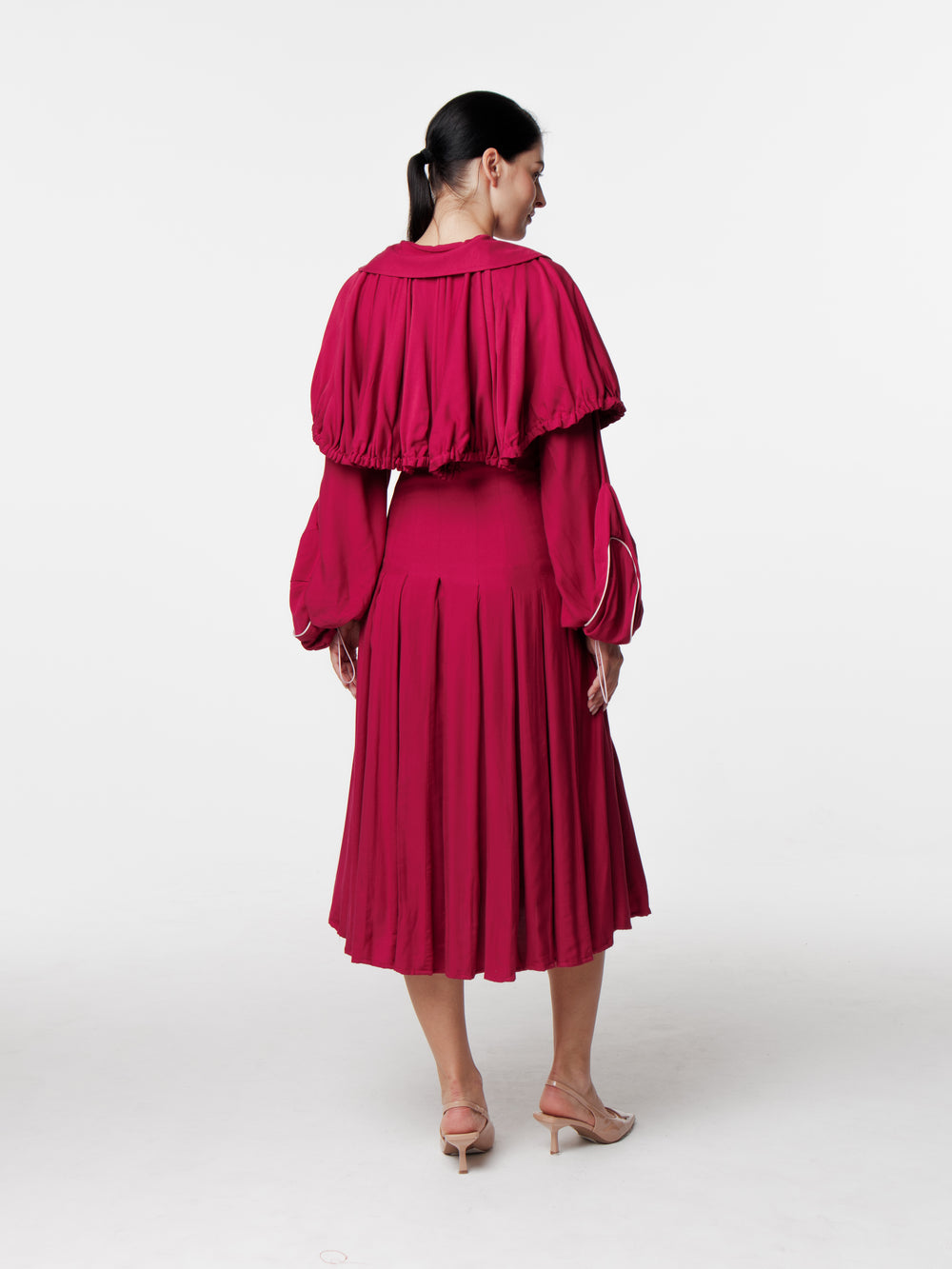 Pleated Fire Top Stitched Shoulder Flared Dress