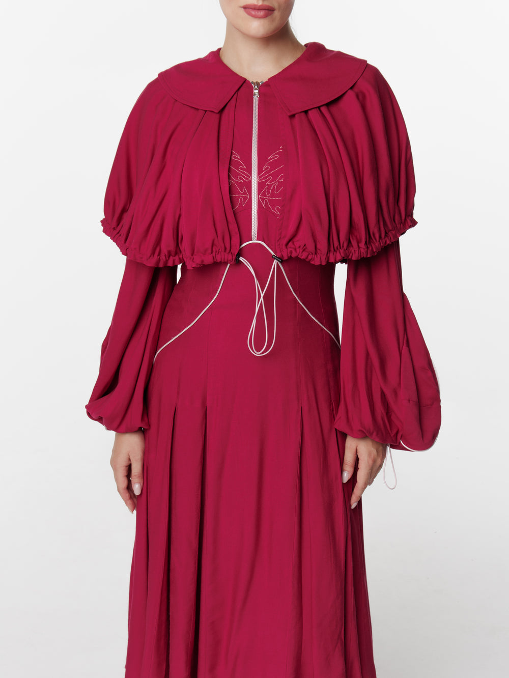 Pleated Fire Top Stitched Shoulder Flared Dress