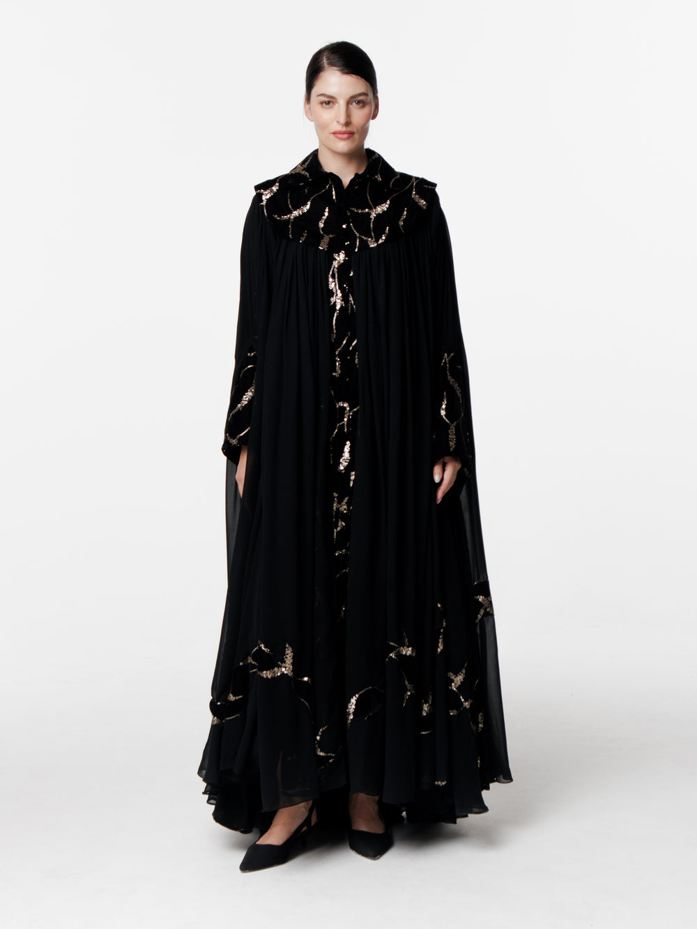 Maxi Embroidered Velvet Chiffon Cape Dress