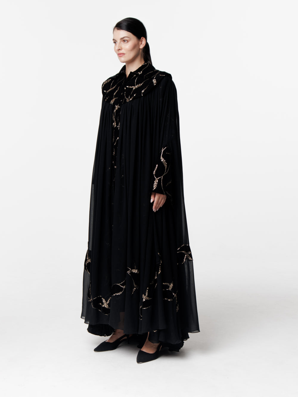 Maxi Embroidered Velvet Chiffon Cape Dress