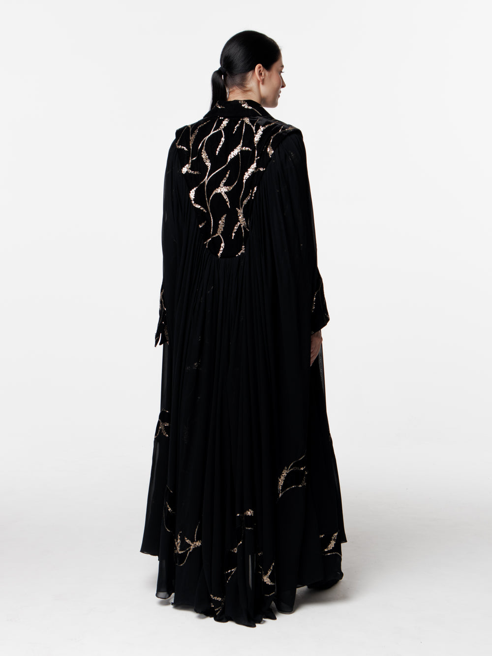 Maxi Embroidered Velvet Chiffon Cape Dress
