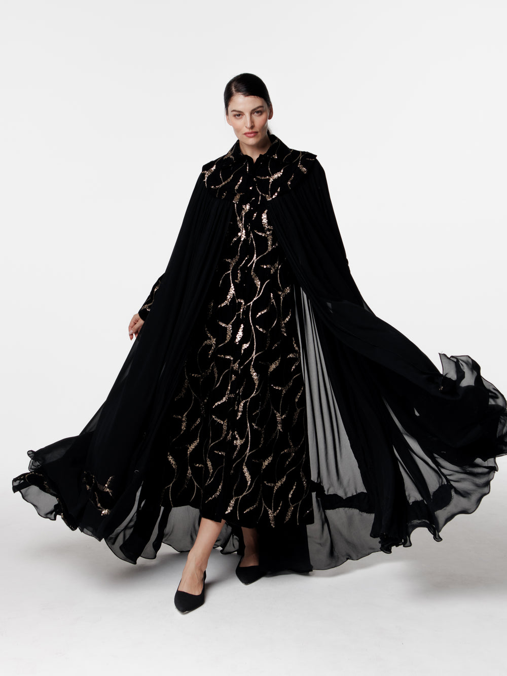 Maxi Embroidered Velvet Chiffon Cape Dress