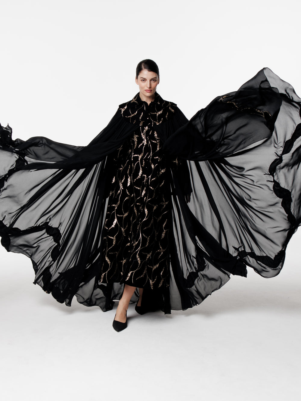 Maxi Embroidered Velvet Chiffon Cape Dress