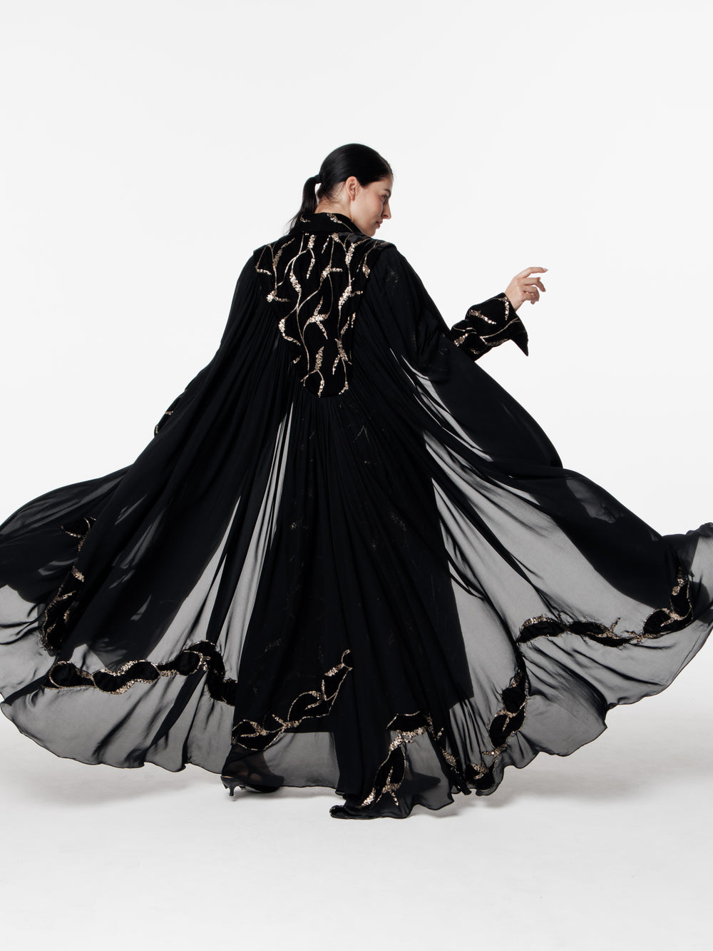 Maxi Embroidered Velvet Chiffon Cape Dress