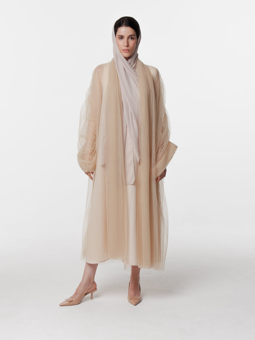 Long Pleated Mesh Abaya in Beige  (38)