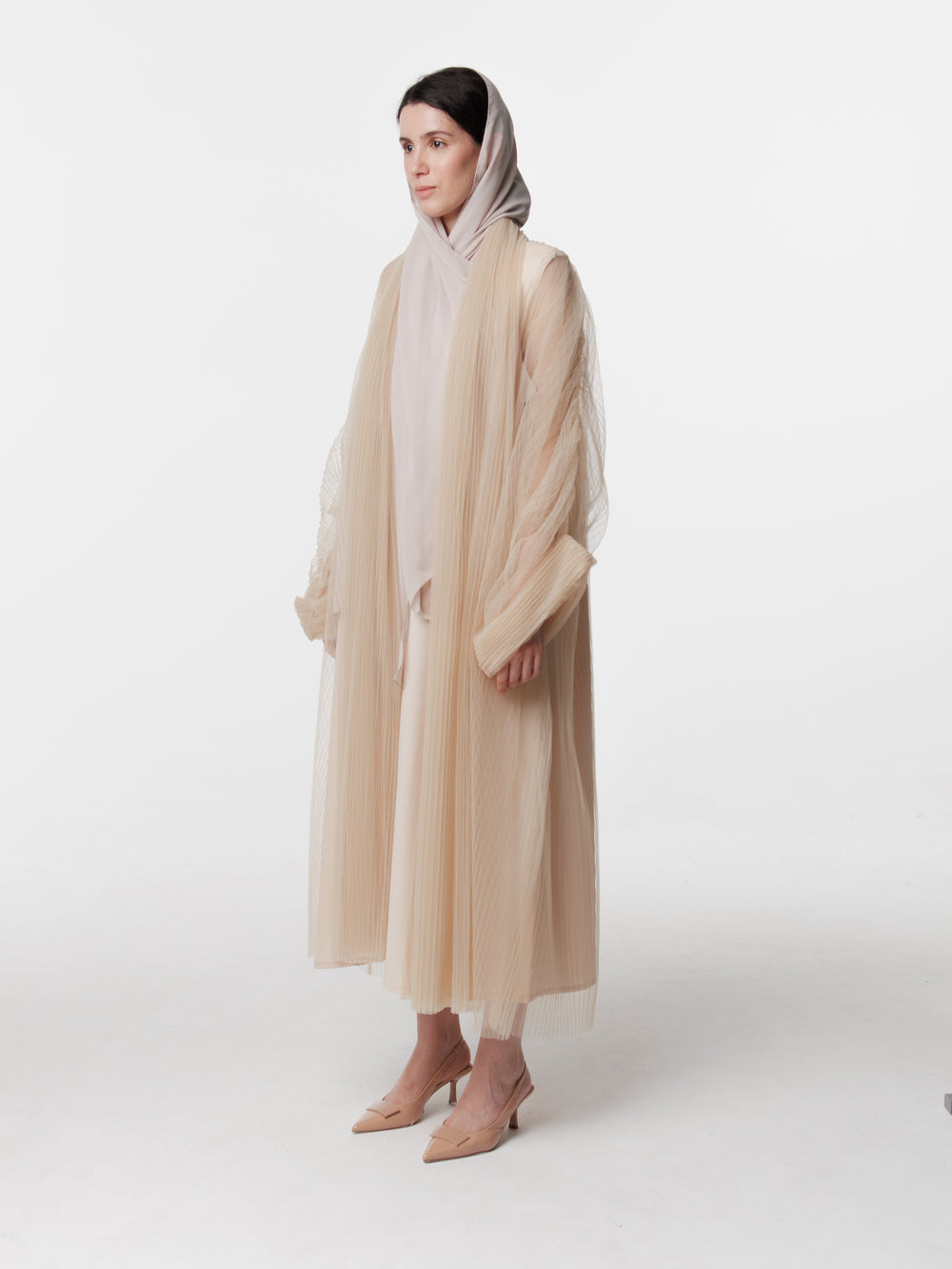 Long Pleated Mesh Abaya in Beige  (38)