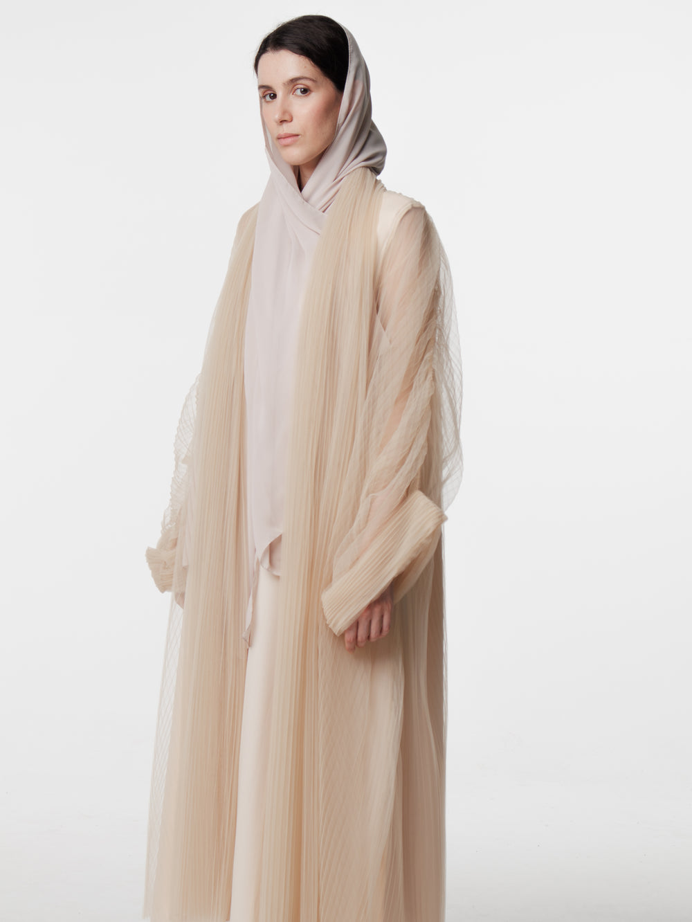 Long Pleated Mesh Abaya in Beige  (38)