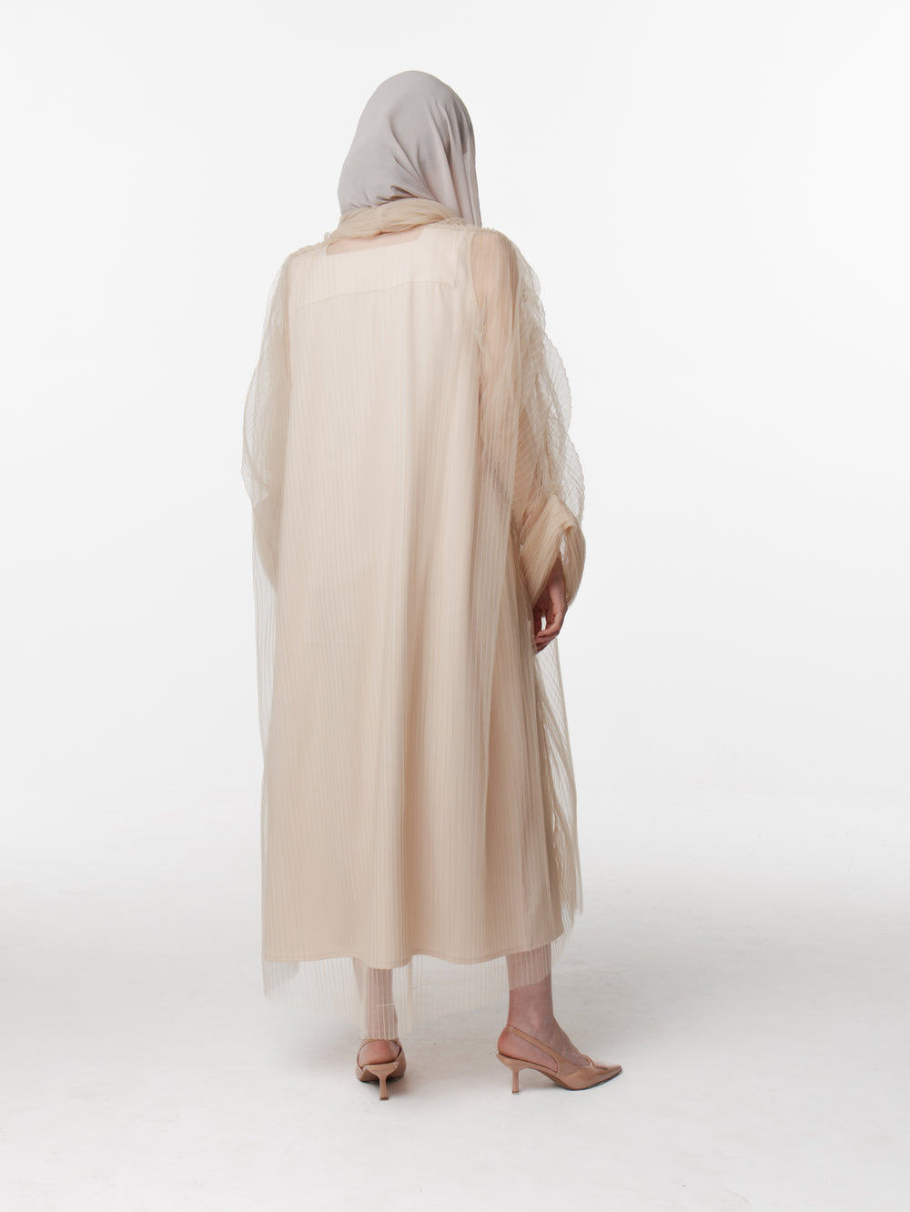 Long Pleated Mesh Abaya in Beige  (38)