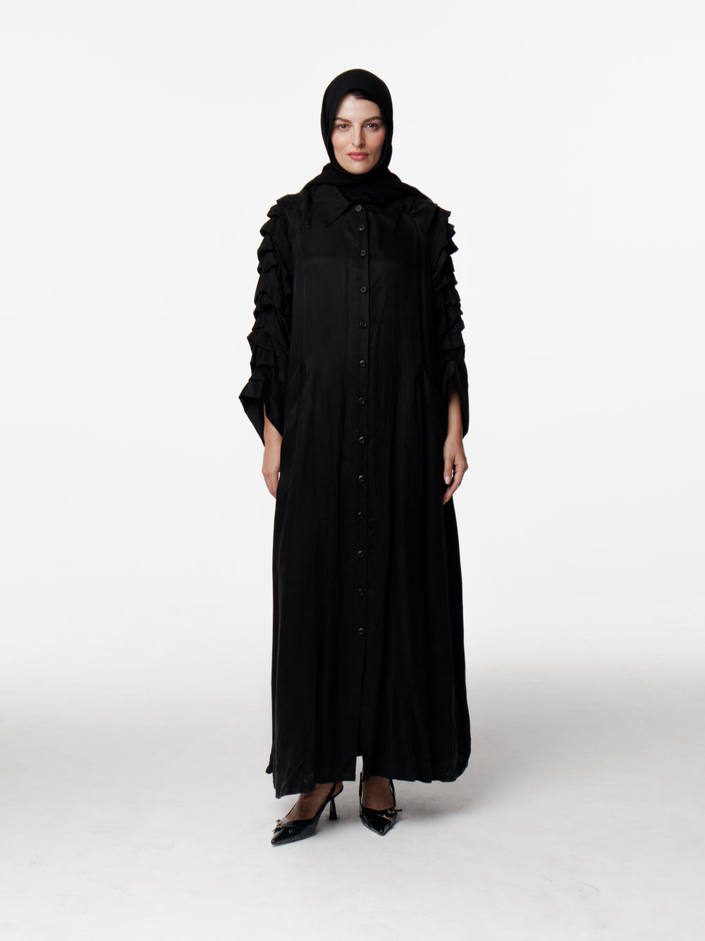 Long Pleated Sleeves Abaya Coat