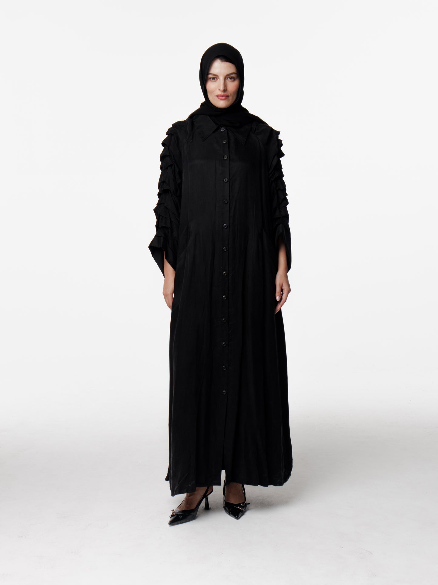 Long Pleated Sleeves Abaya Coat