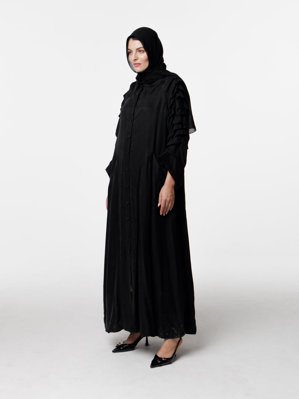 Long Pleated Sleeves Abaya Coat