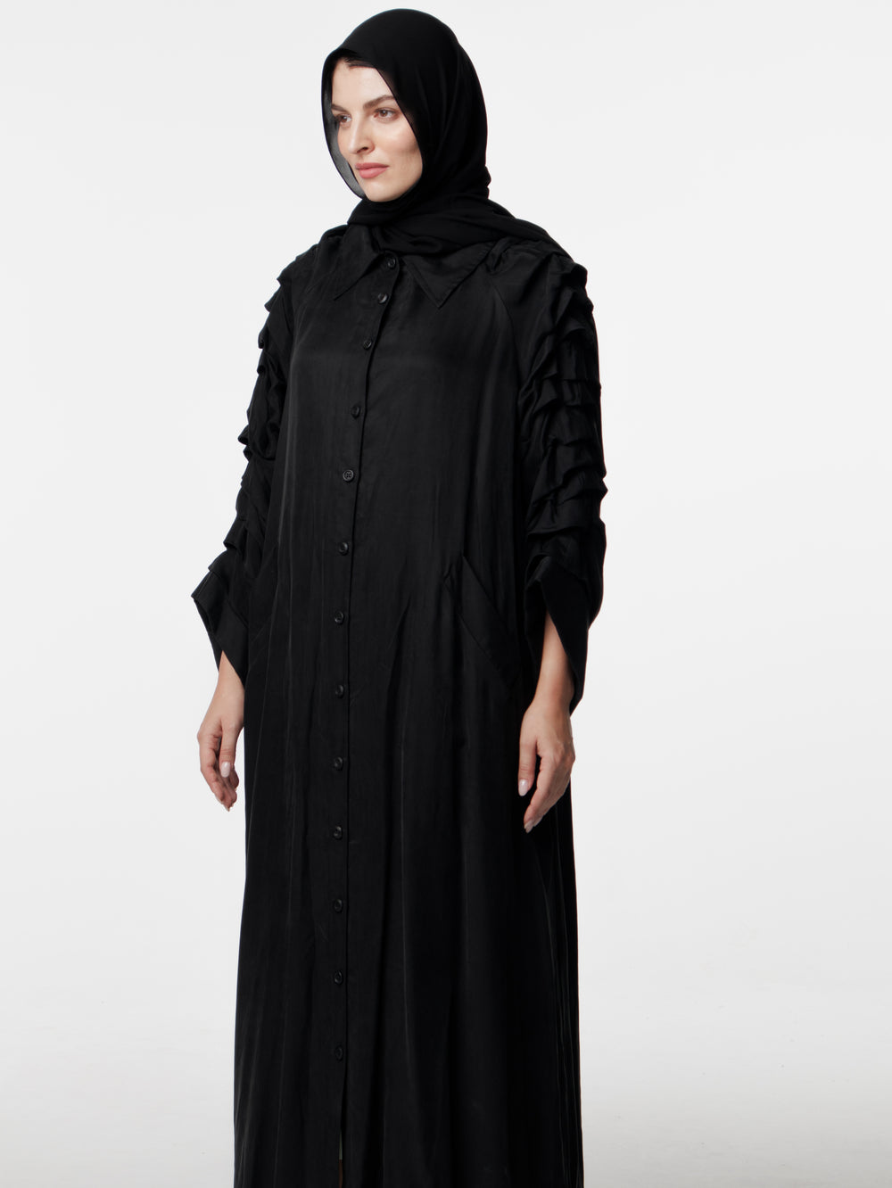 Long Pleated Sleeves Abaya Coat