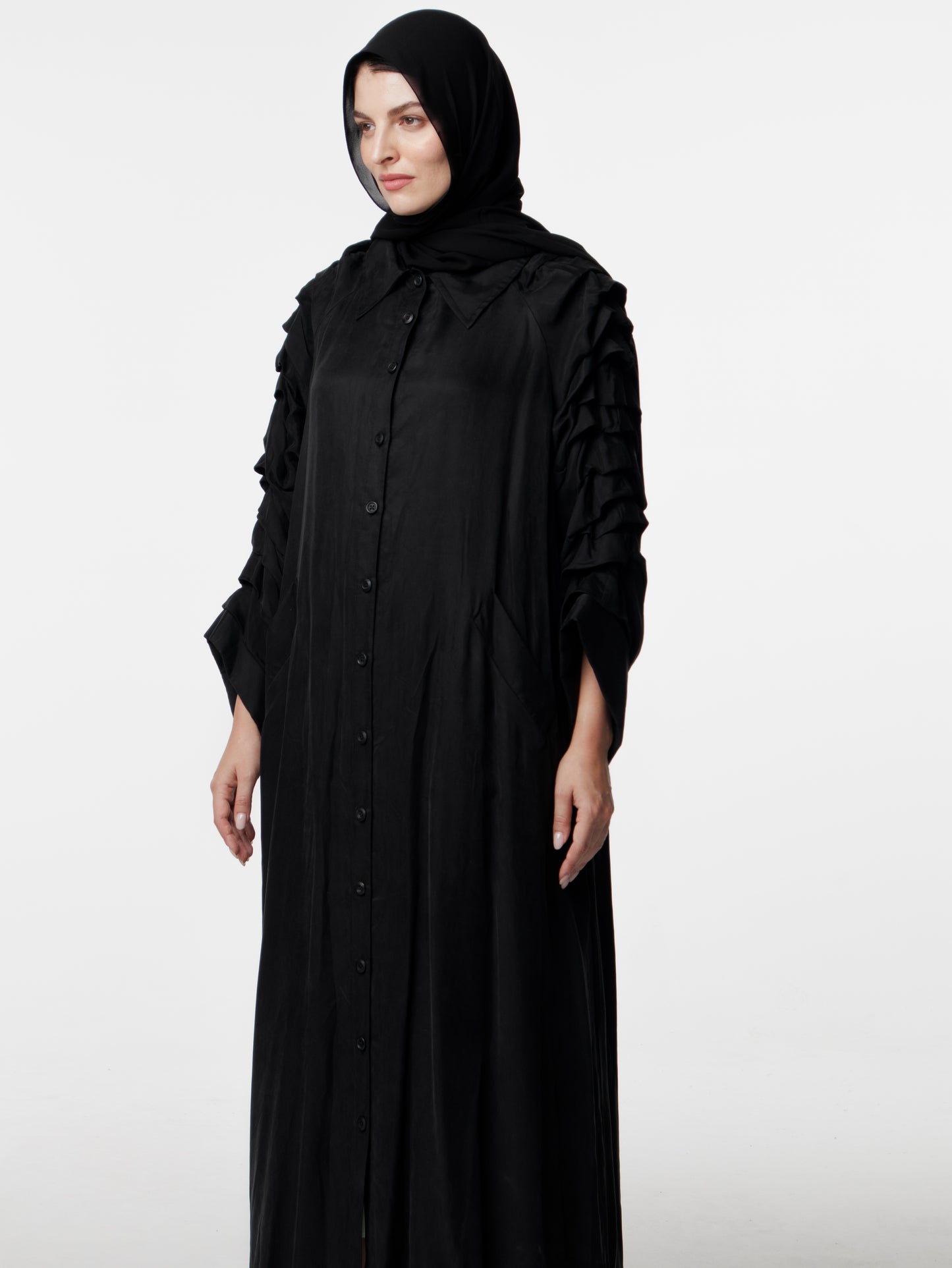 Long Pleated Sleeves Abaya Coat