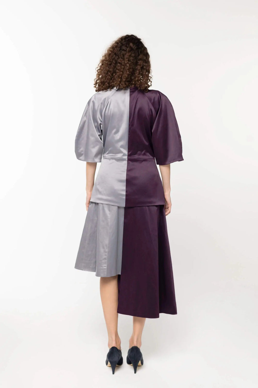 Asymmetric Contrast Cotton-Satin skirt, Light grey/Purple
