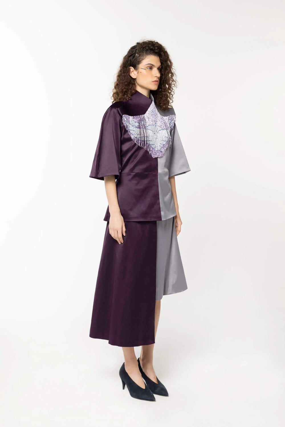 Asymmetric Contrast Cotton-Satin skirt, Light grey/Purple