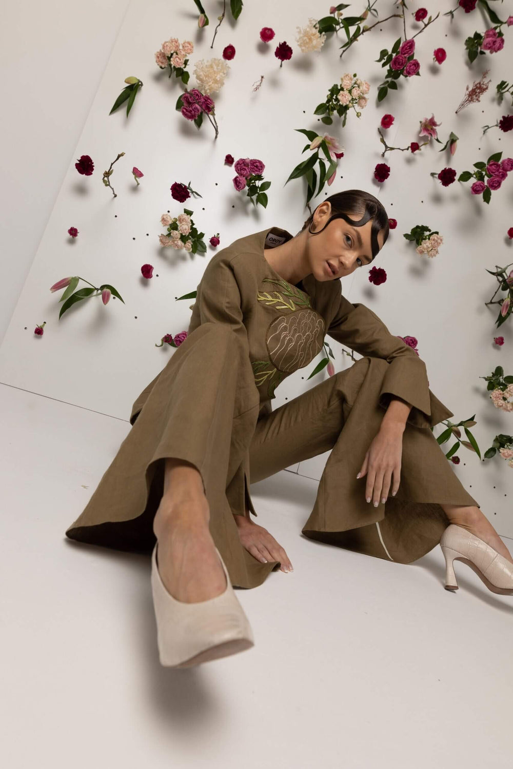 Linen Bell Bottom Trouser, Khaki